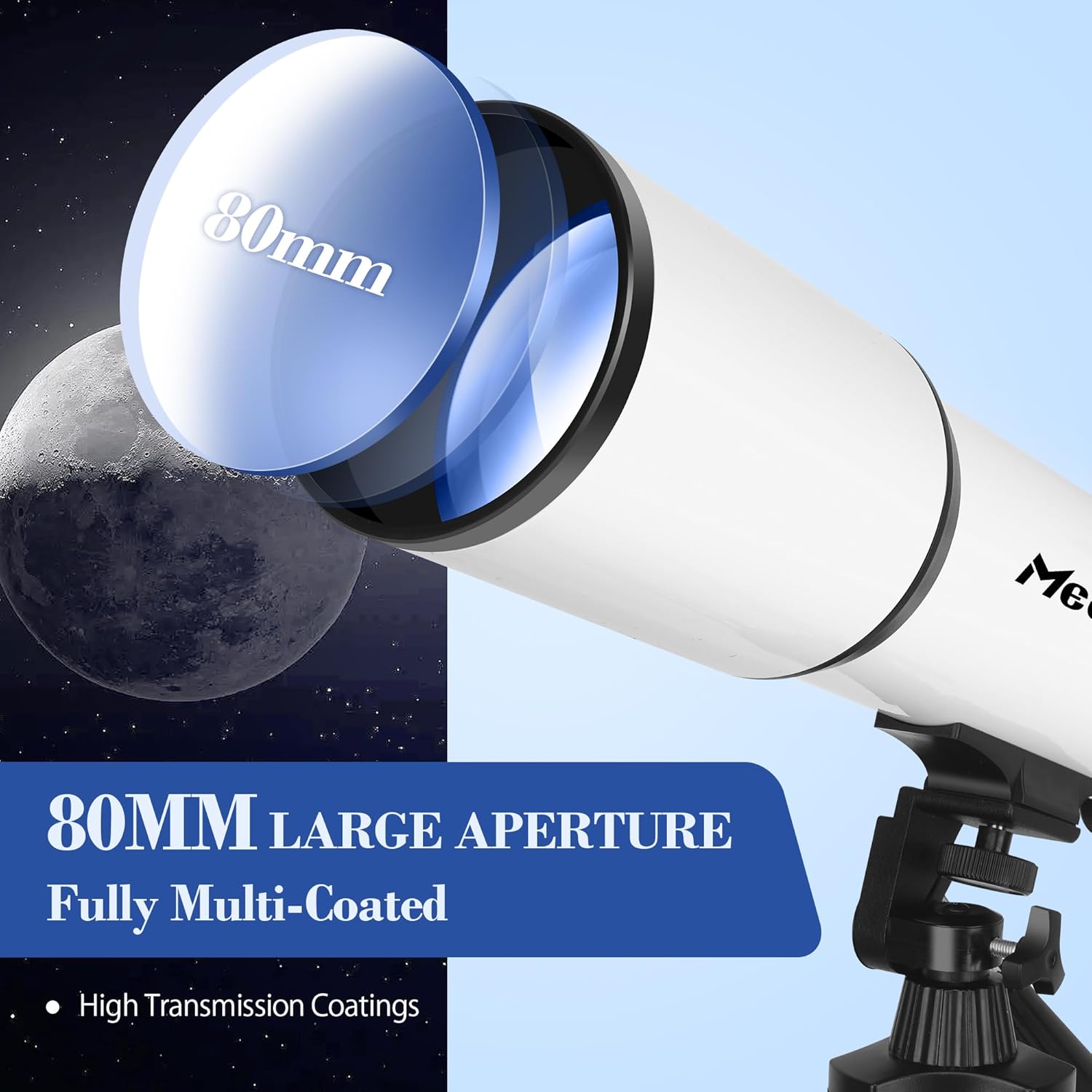 Detalle de MEEZAA Télescope Astronomique 80/600mm — Réfracteur Portable pour Débutants et Enfants, 24x–180x avec Trépied et Adaptateur Téléphone