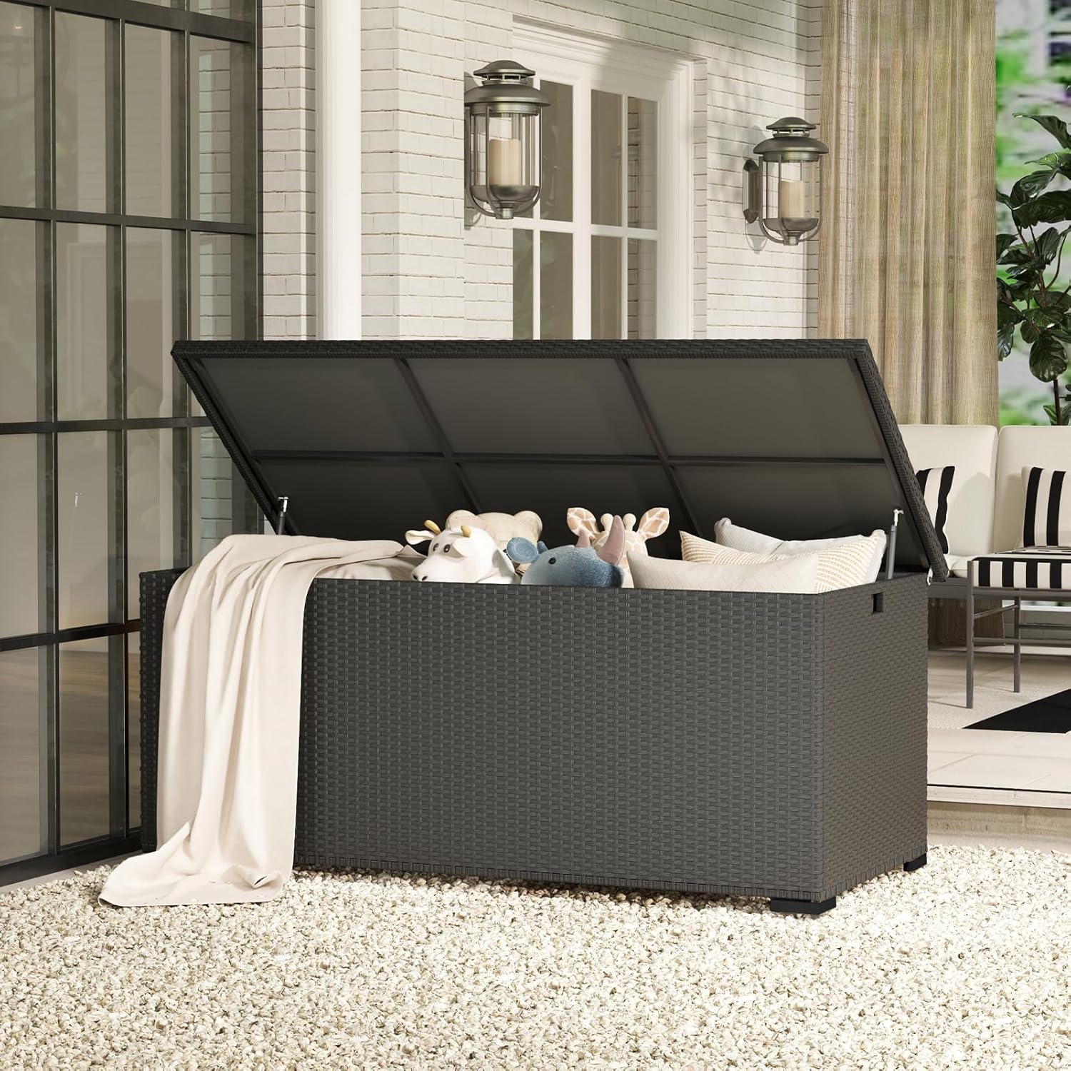 Thumbnail 6 de Amopatio 650L Gartenbox aus Polyrattan mit Gasdruckfedern – wasserdicht & wetterfest, Auflagenbox für Balkon und Garten