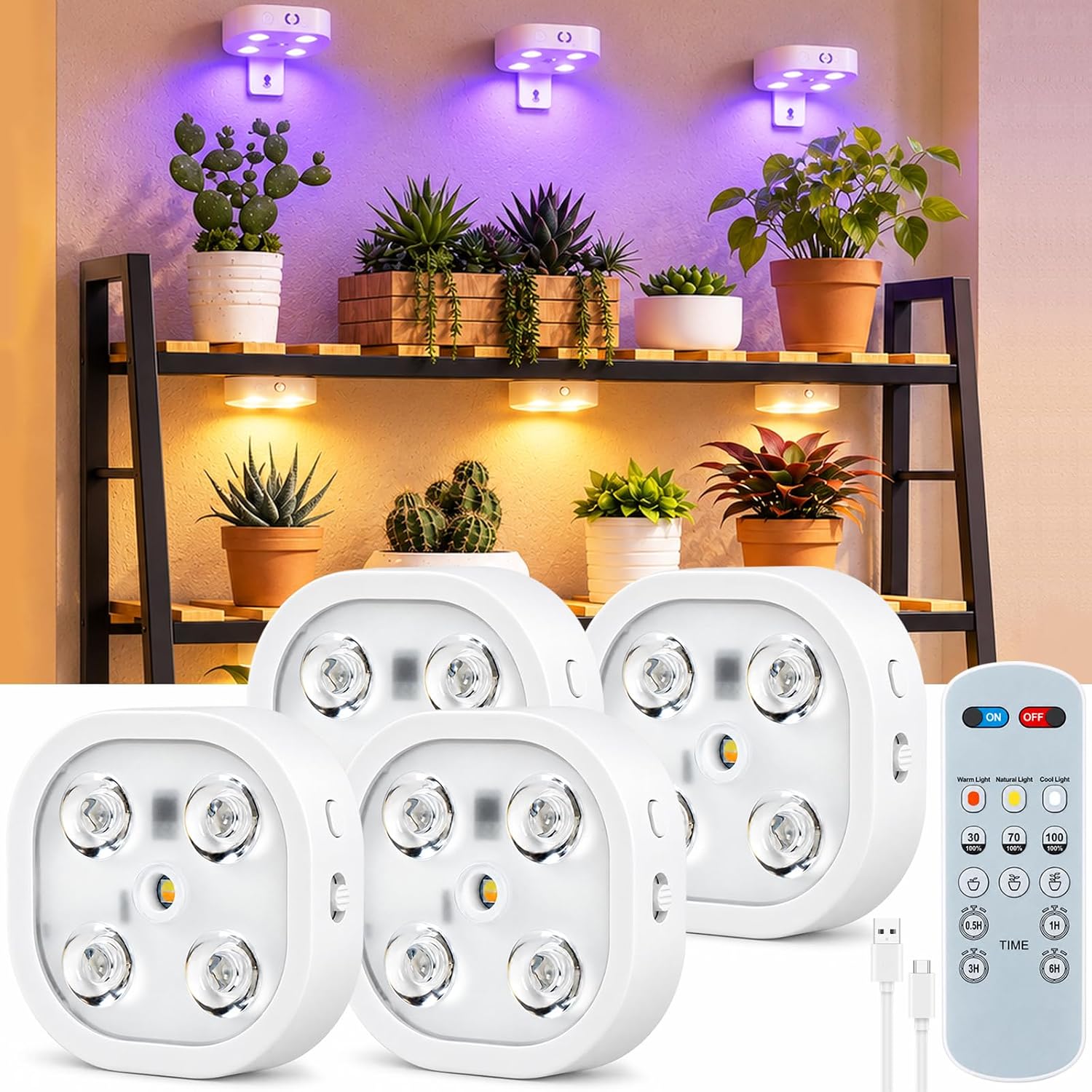 Detalle de Hemulac C930 Rechargeable Cordless LED Grow Lights, 4-Pack with Remote