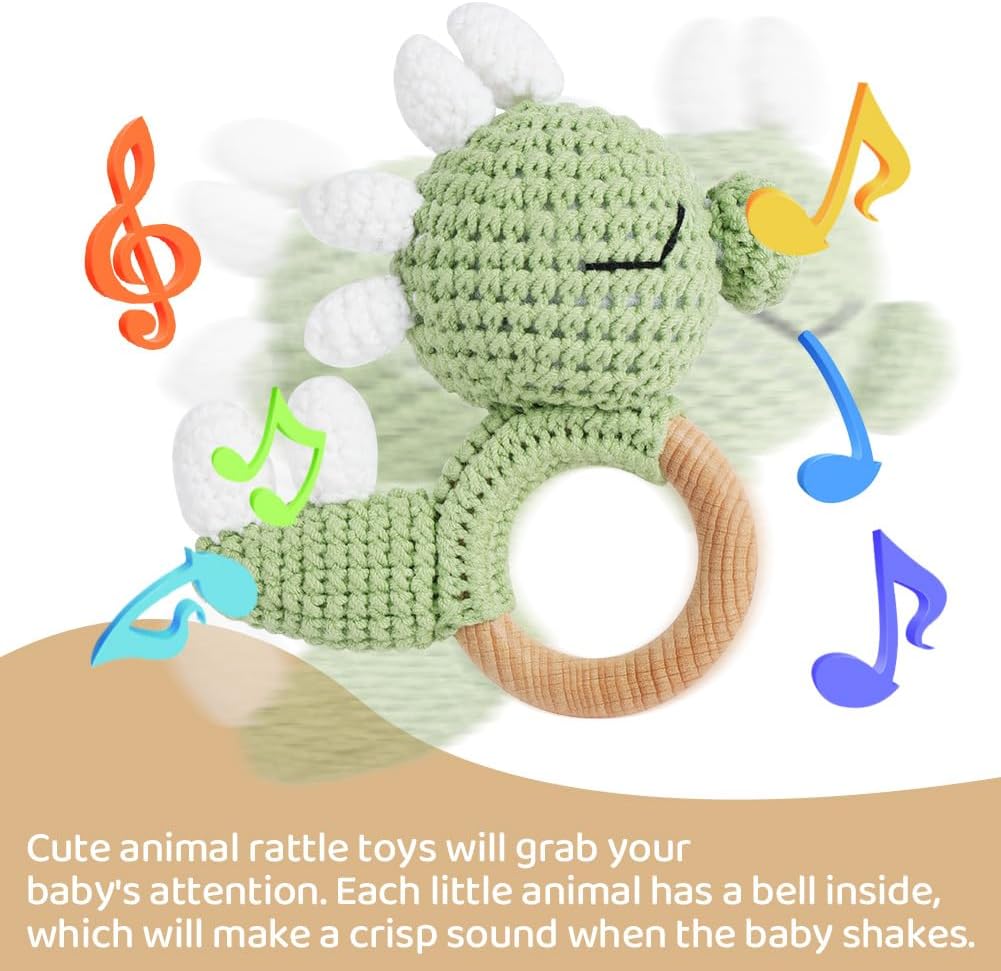 Thumbnail 3 de Vicloon Wooden Baby Rattle (Dinosaur) – Beech wood ring & crochet sensory toy for 0–12 months