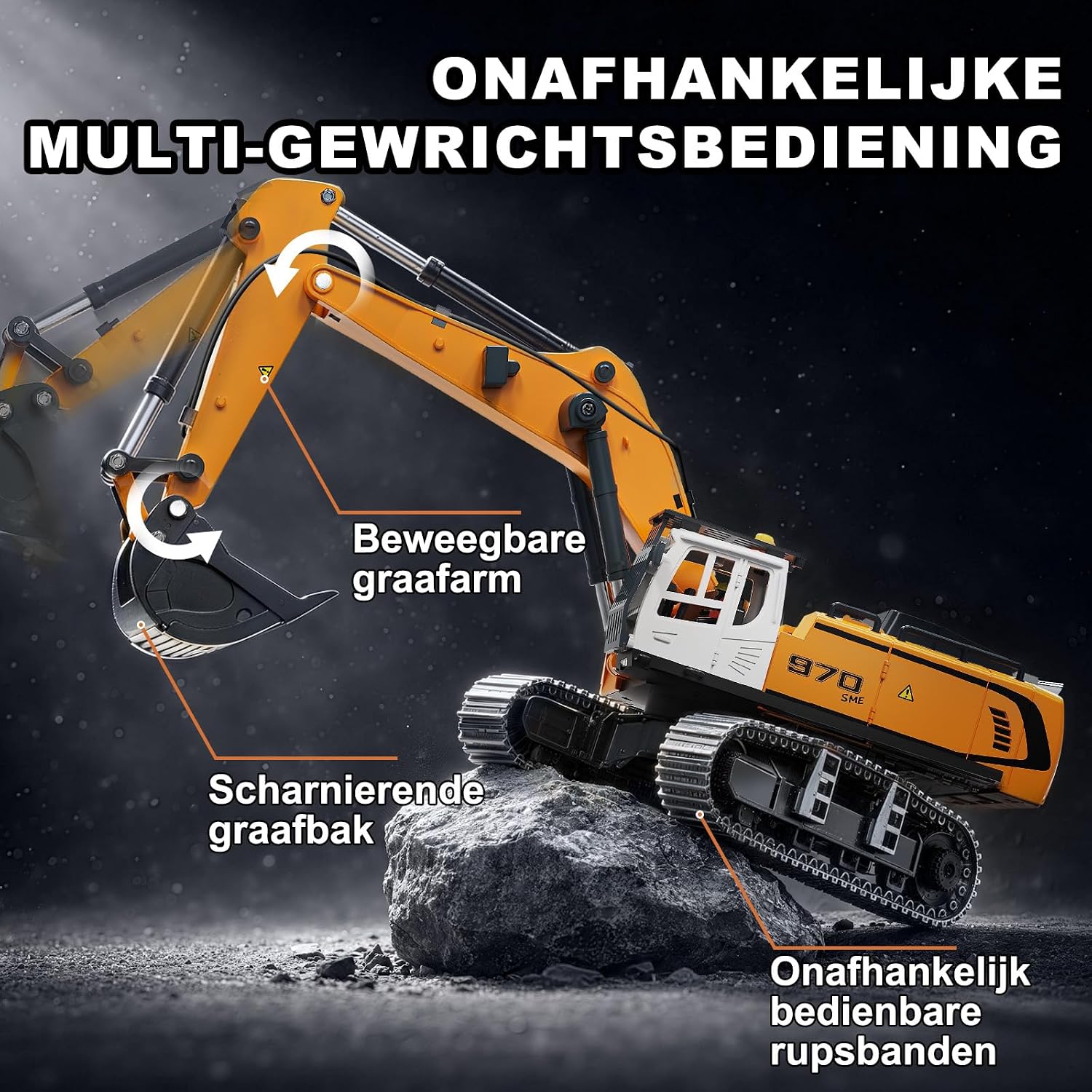 Detalle de Womaqu YG970 RC-graafmachine 1:50 met metalen bak, rupsbanden en 2,4GHz-bediening