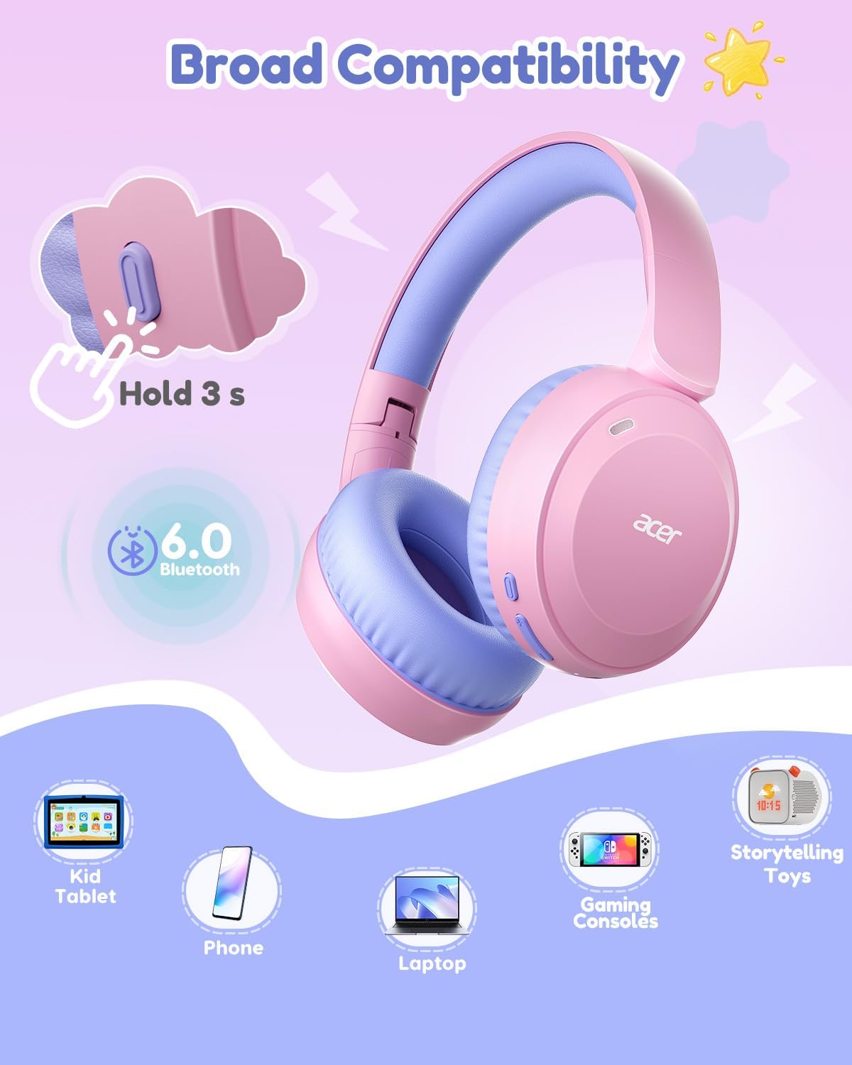 Thumbnail 5 de Acer OHR668(PV) Kids Bluetooth Headphones, Foldable, 85/94 dB Limiter