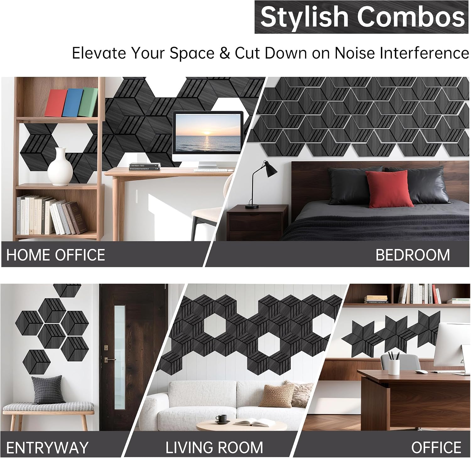 Thumbnail 4 de Mollywell Black Oak Hexagon Acoustic Panels, Self-Adhesive, 12 Pack