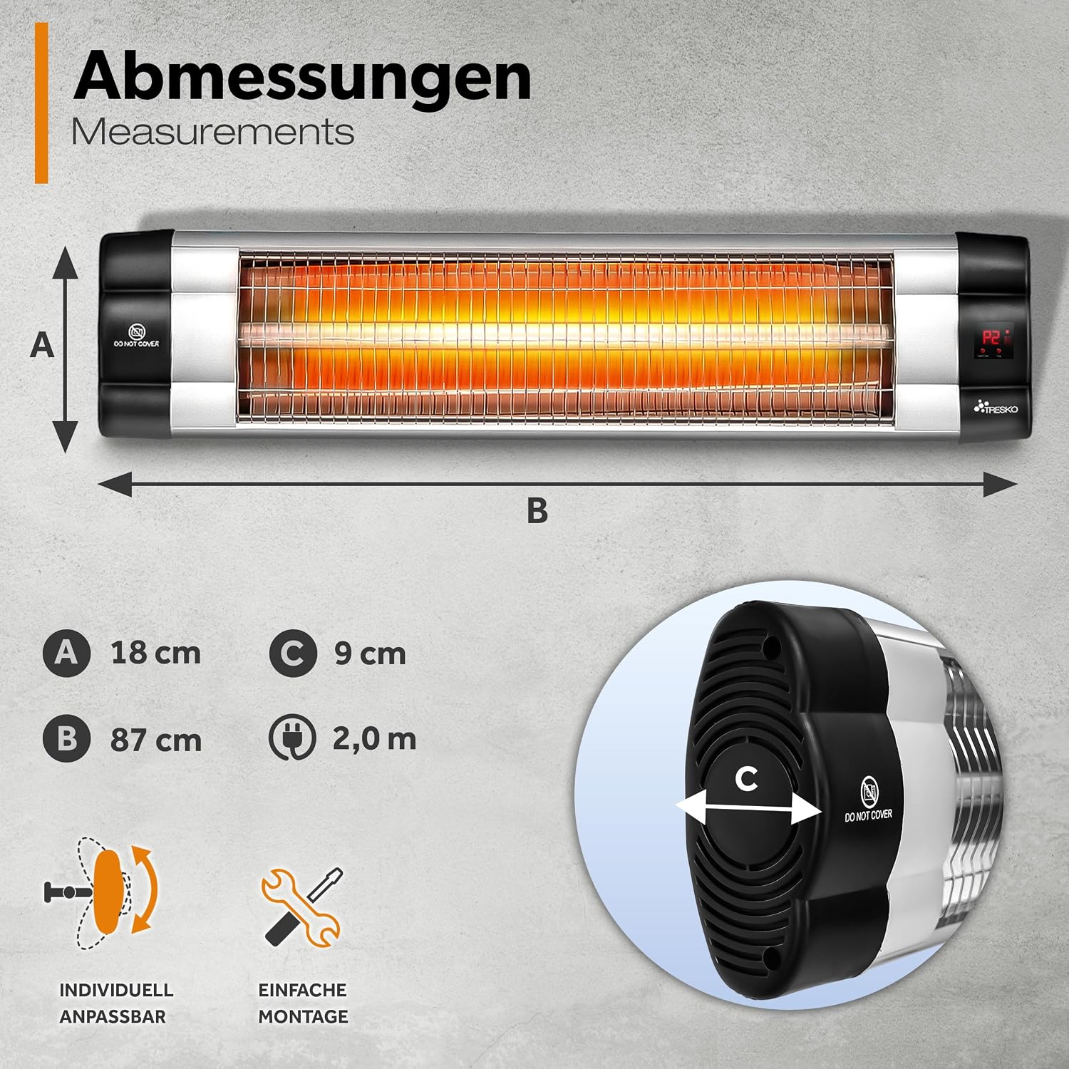 Detalle de TRESKO Infrarot Heizstrahler 2500W mit Fernbedienung – Terrassenheizstrahler für Innen & Außen