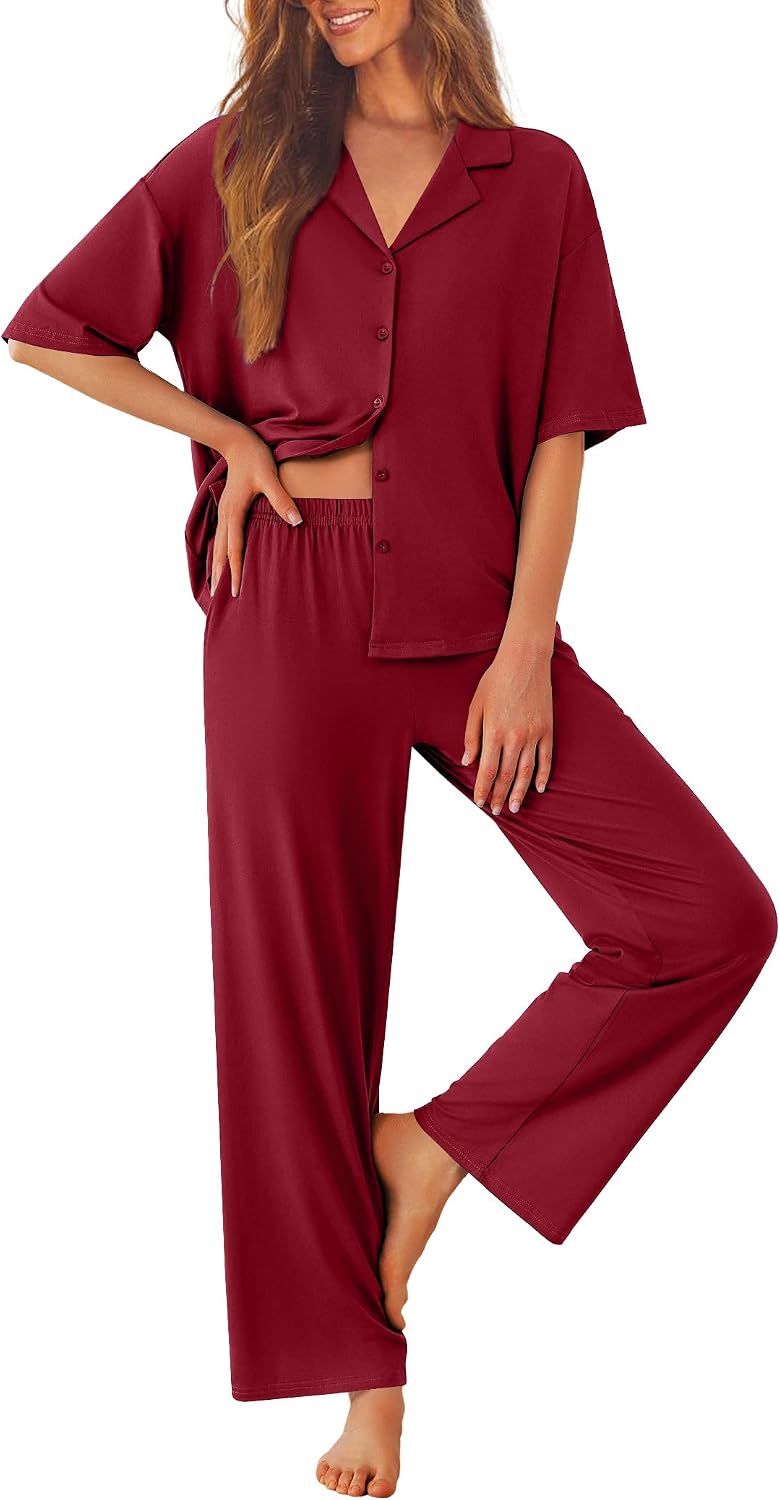 Detalle de Ekouaer Women's Button-Down Pajama Set with Short Sleeves and Long Pants