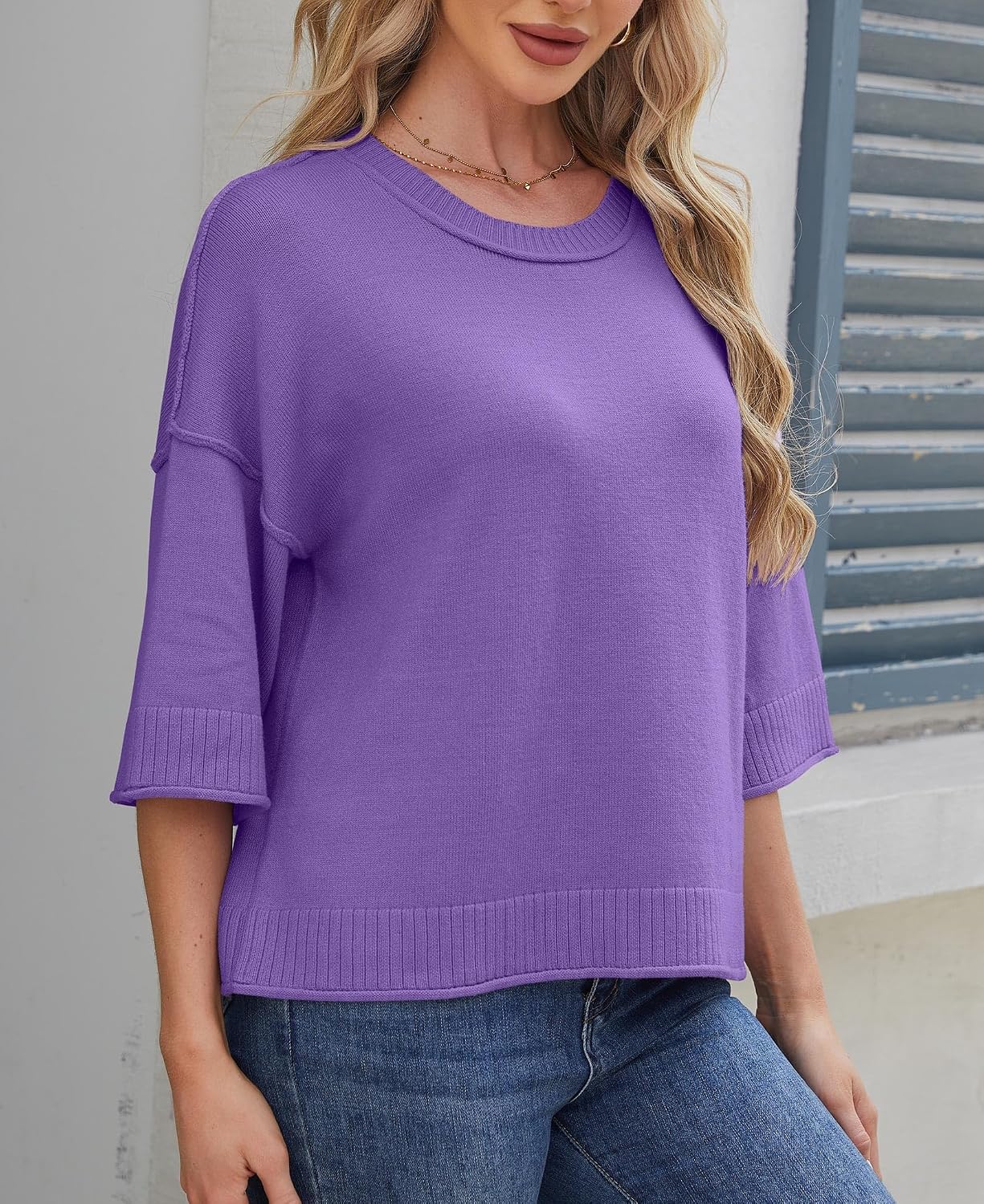 Detalle 1 de Women's Cropped Knit Pullover Sweater, Crew Neck, Loose Fit, Ribbed Trim