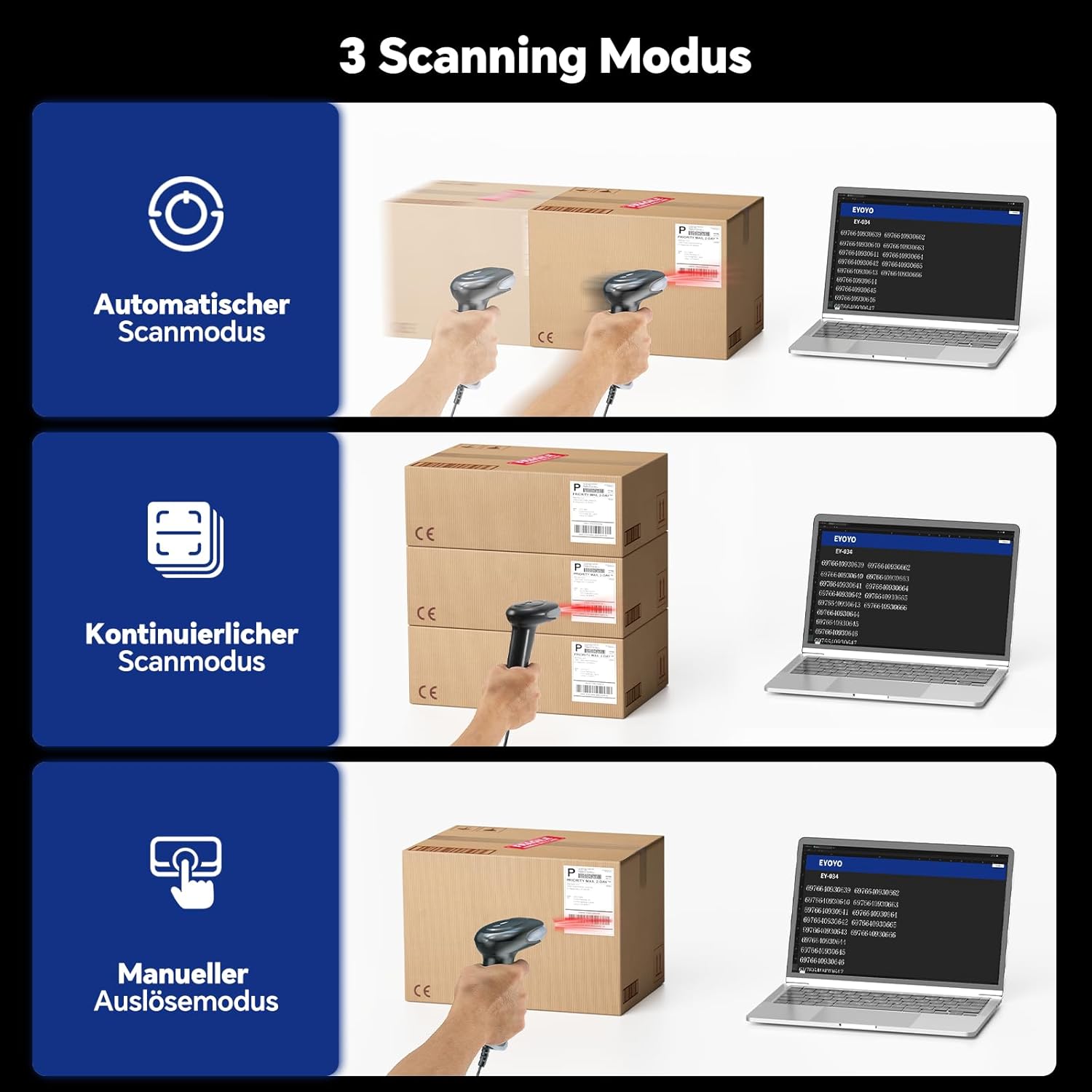 Thumbnail 3 de Eyoyo Barcode Scanner EY-034 (1D/2D/QR) kabelgebunden – Handheld für PC, Mac und Laptop