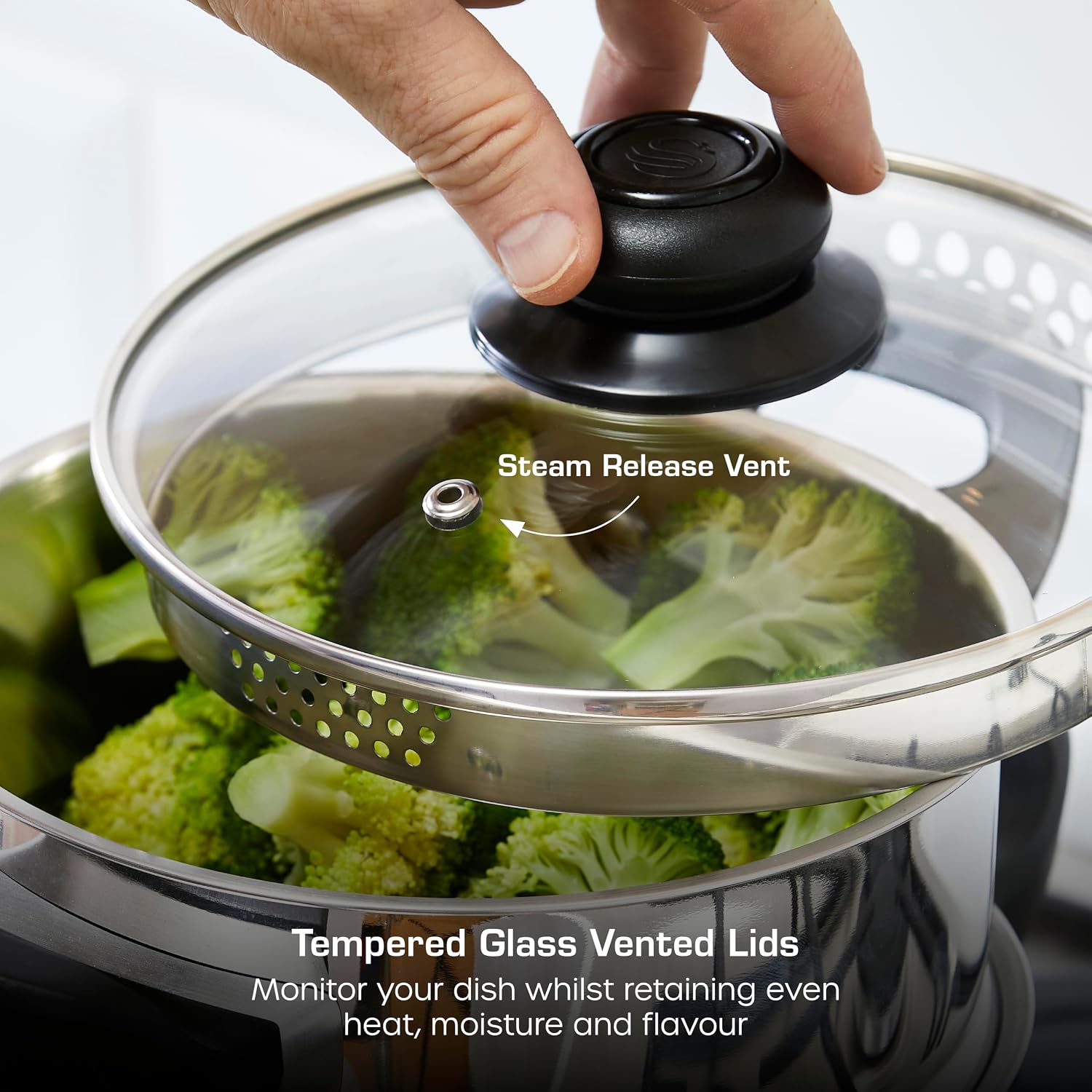 Detalle de Swan Townhouse 18cm 3 Tier Stainless Steel Steamer (SWPS5026SS) – Induction Safe, Glass Lid, Dishwasher Safe