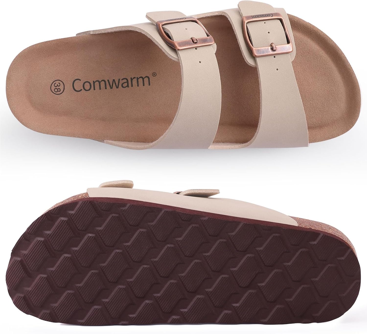 Detalle 2 de Comwarm Damen Kork Fußbett Pantoletten Sandalen – Bequemer Sommerkomfort mit verstellbarer Schnalle