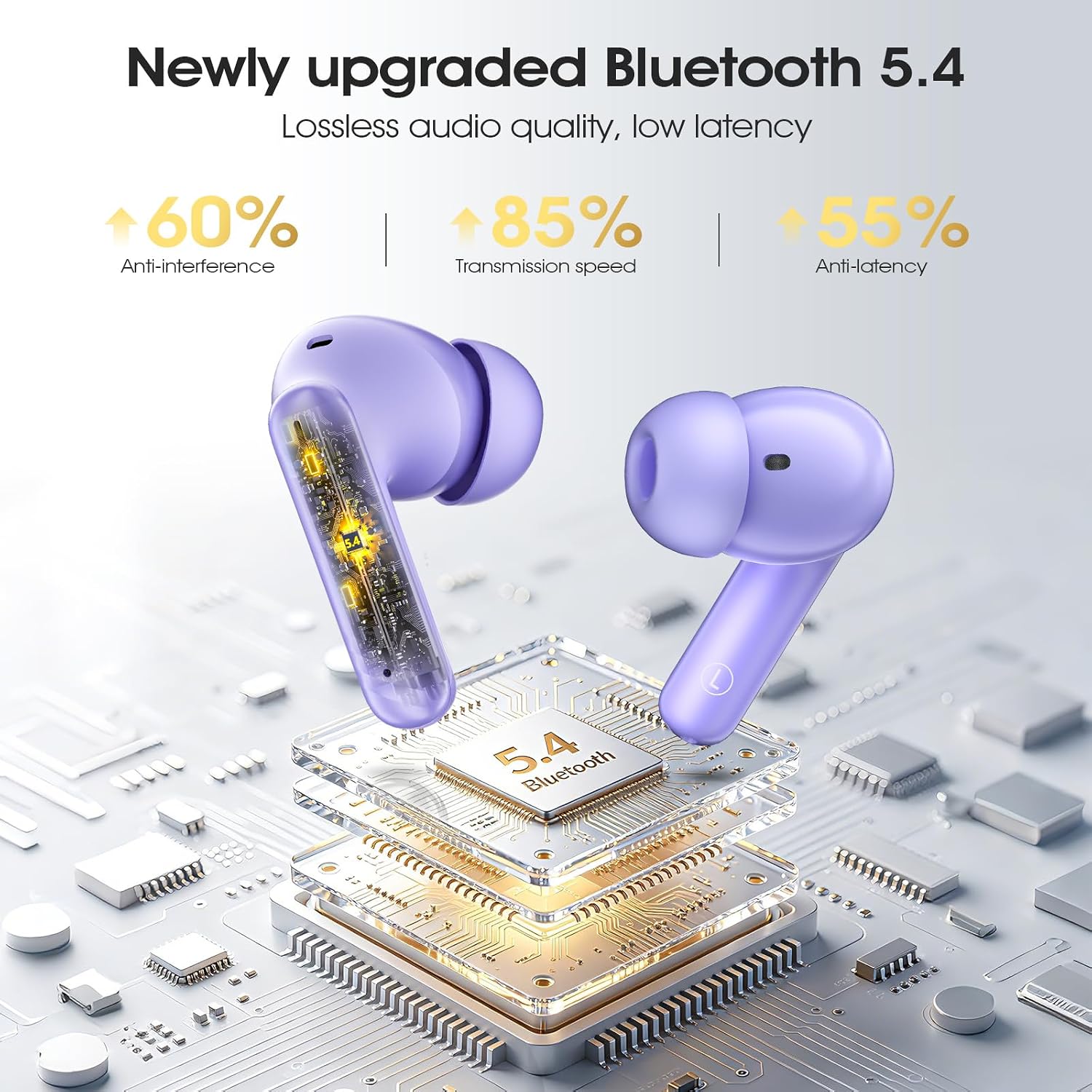 Detalle 2 de Wireless Earbuds with Bluetooth 5.4, 4‑Mic ENC Noise Cancelling, IPX7, 46h Playtime, 3D Bass – Purple