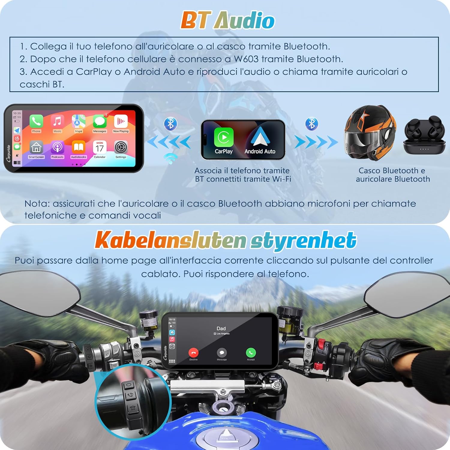 Thumbnail 4 de Carpuride W603 schermo CarPlay per moto da 6,3” wireless e Android Auto, touch impermeabile IP67 con audio BT e controllo vocale