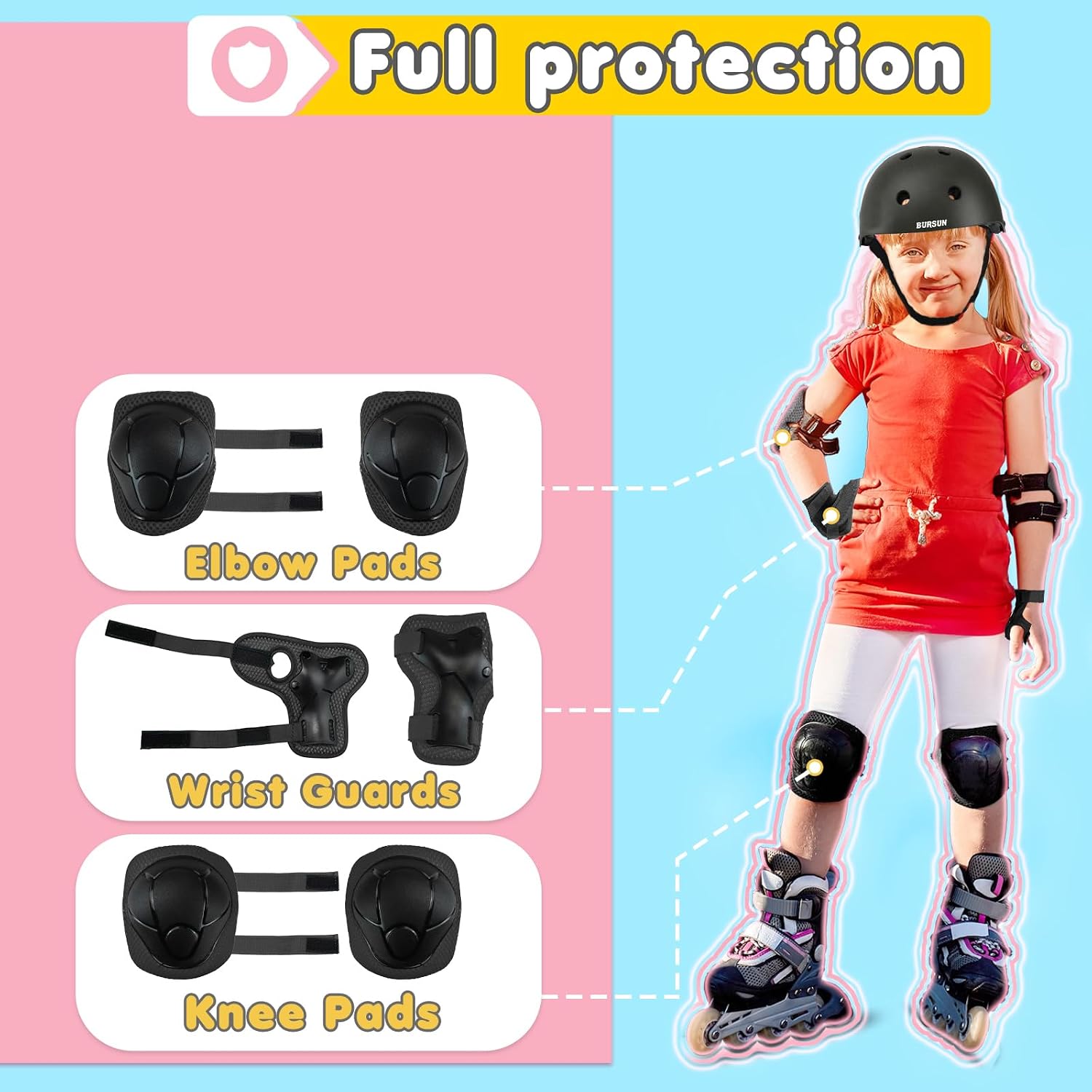 Detalle de BURSUNLY Knieschoner Kinder & Inliner Schützer-Set (Knie, Ellenbogen, Handgelenke) mit Tasche