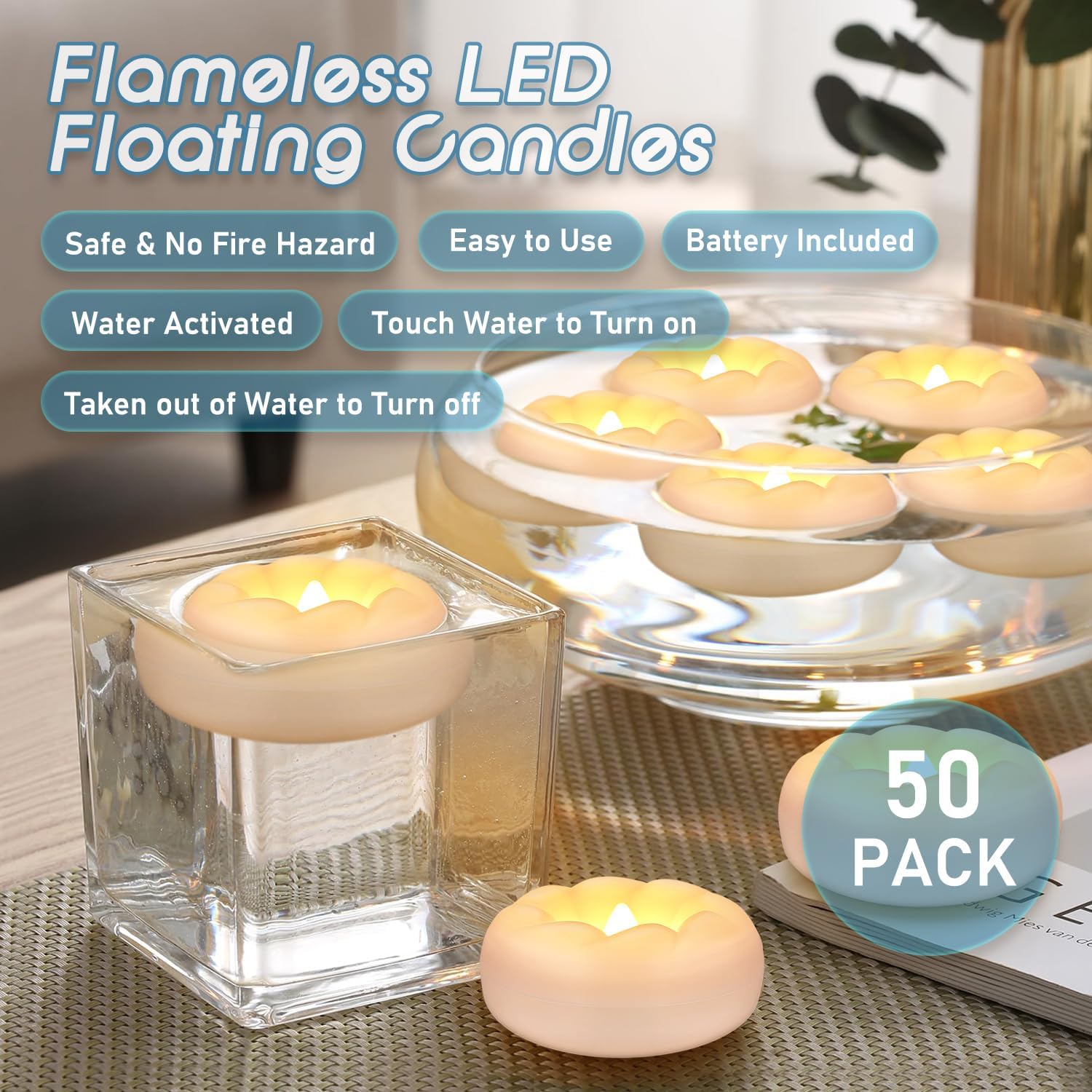 Detalle de TLNFHRPI RTY1023 Floating LED Candles, 50-Pack, Waterproof Vortex Design