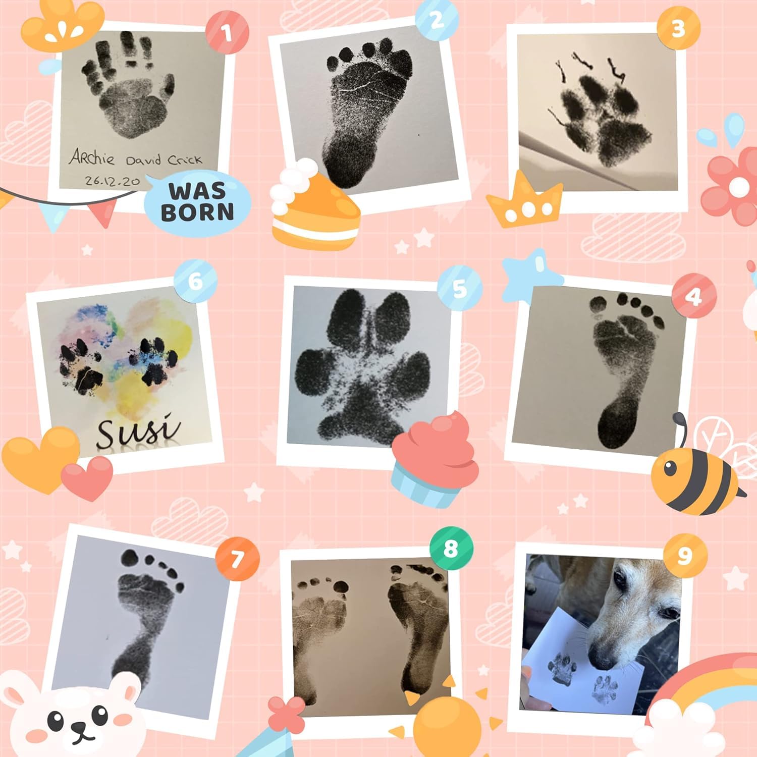 Thumbnail 6 de Nabance Baby-Fußabdruck-Set mit 6 Stempelkissen & 12 Abdruckkarten (0–6 Monate) – Hand- und Pfotenabdruck