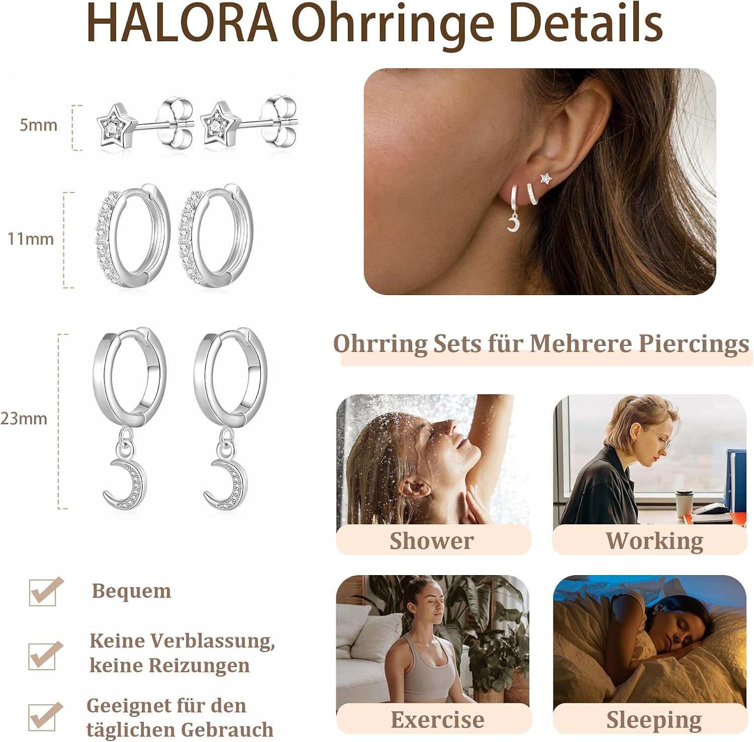 Thumbnail 4 de Halora 3 Paar Ohrringe Silber 925 Set 9–10mm