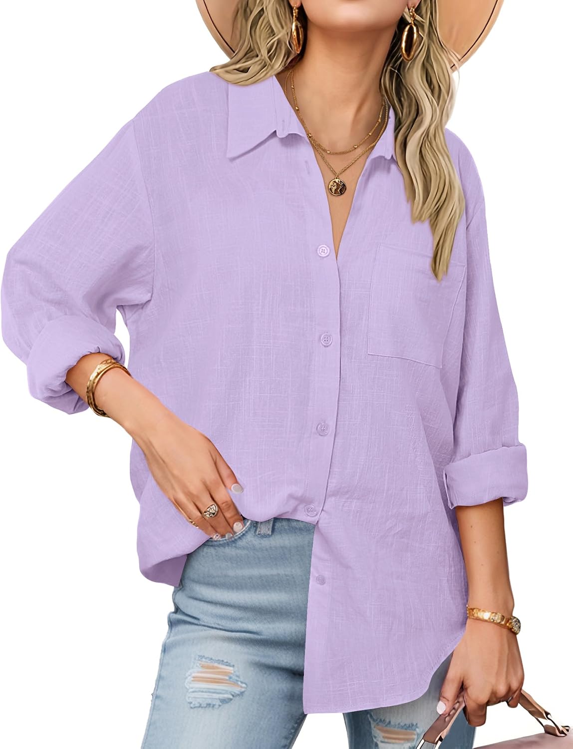 Detalle de Zeagoo Women’s Long Sleeve Button-Down Cotton Gauze Shirt (Loose Fit)
