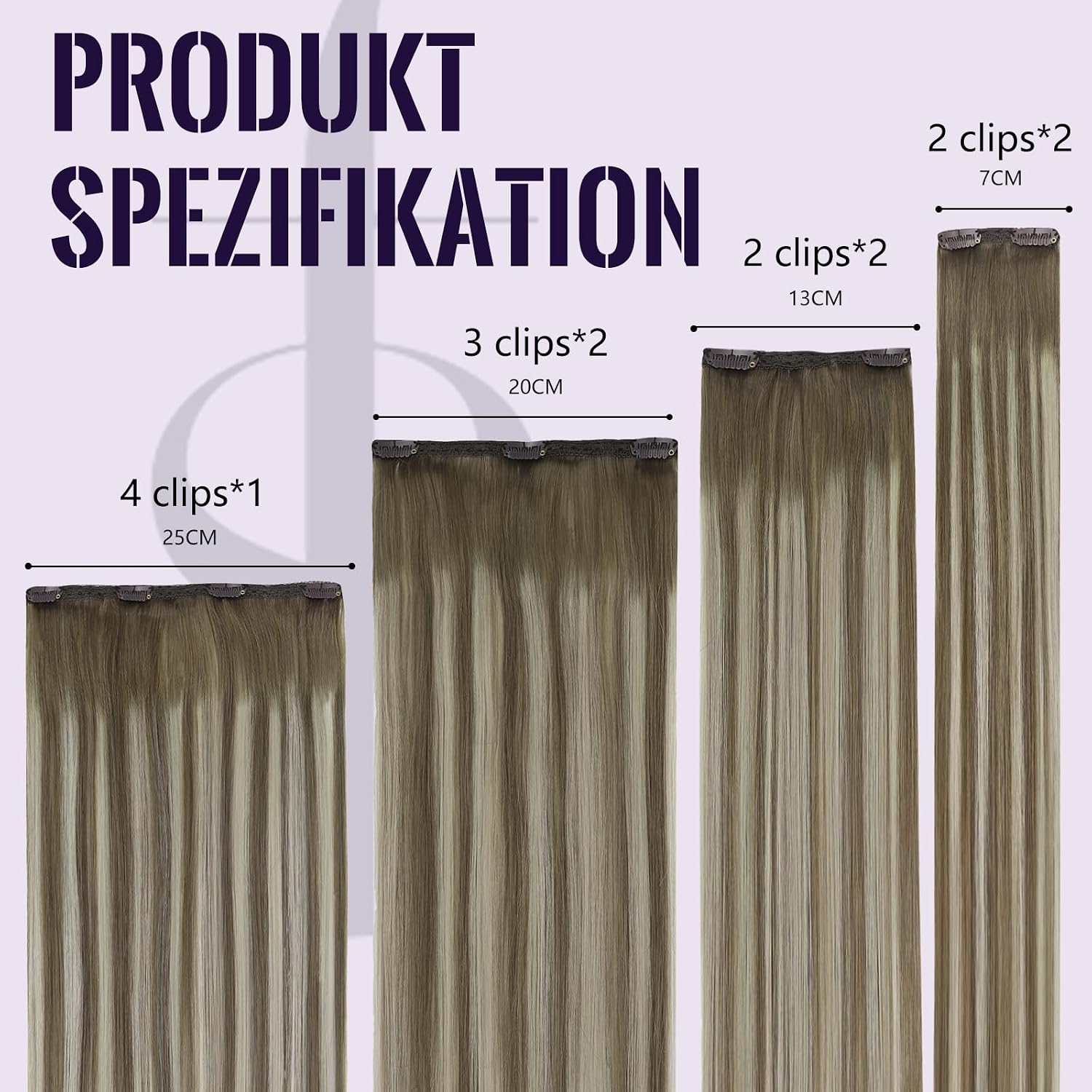 Detalle de Fshine Clip-in Echthaar Extensions 45 cm, 120 g – Balayage Mittelbraun bis Hellblond, 7 Stück