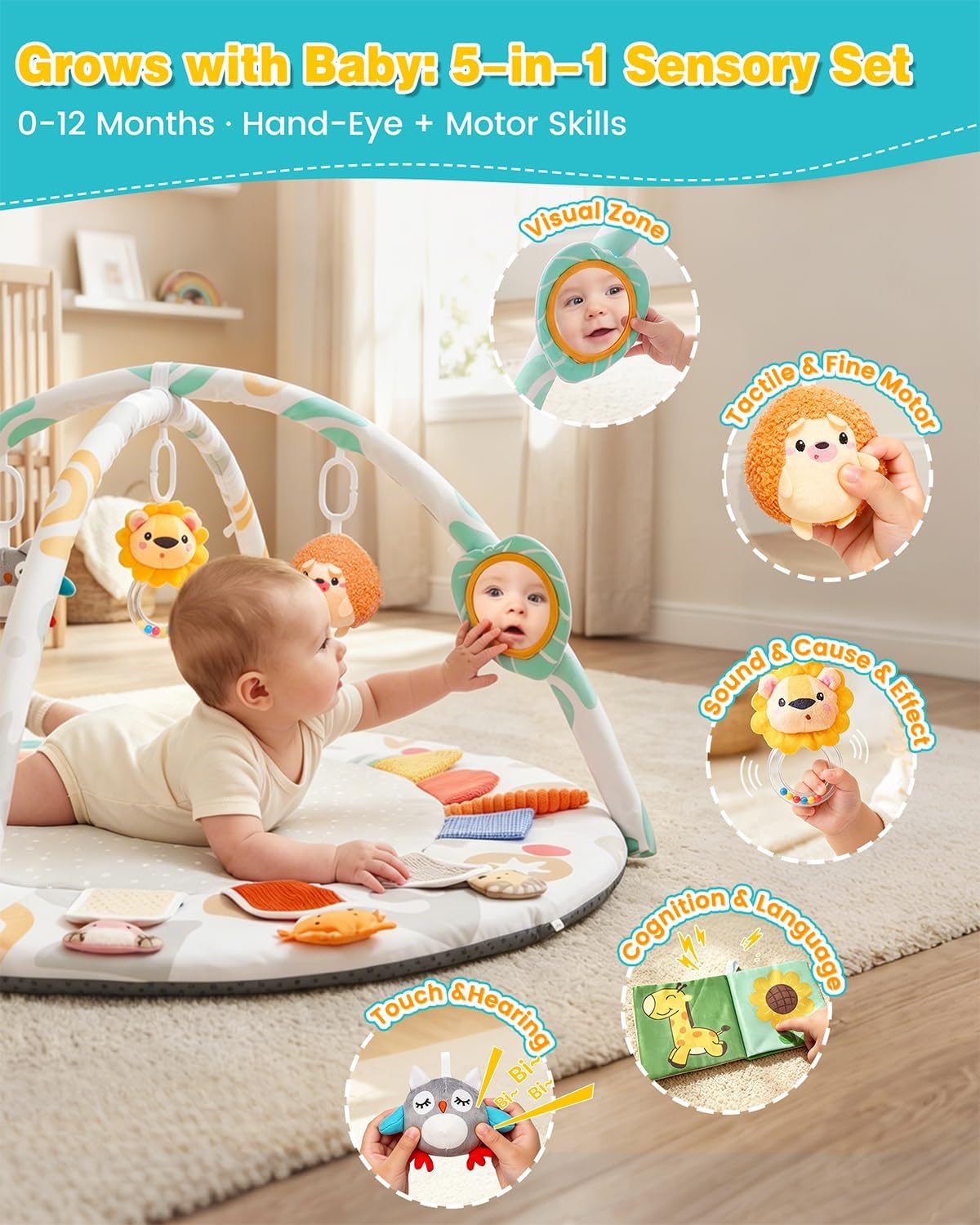 Thumbnail 1 de Oneyus Baby Play Gym & Large Round Activity Mat: 5 Sensory Zones with 5 Detachable Toys