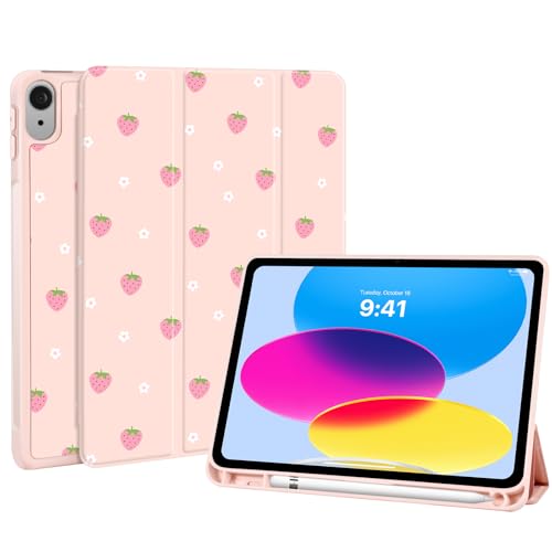 Detalle 2 de Fycyko Étui pour iPad 11e Génération (11 pouces) et iPad 10e Génération 2022 – Coque antichoc avec porte-crayon et motif floral Fraise Rose