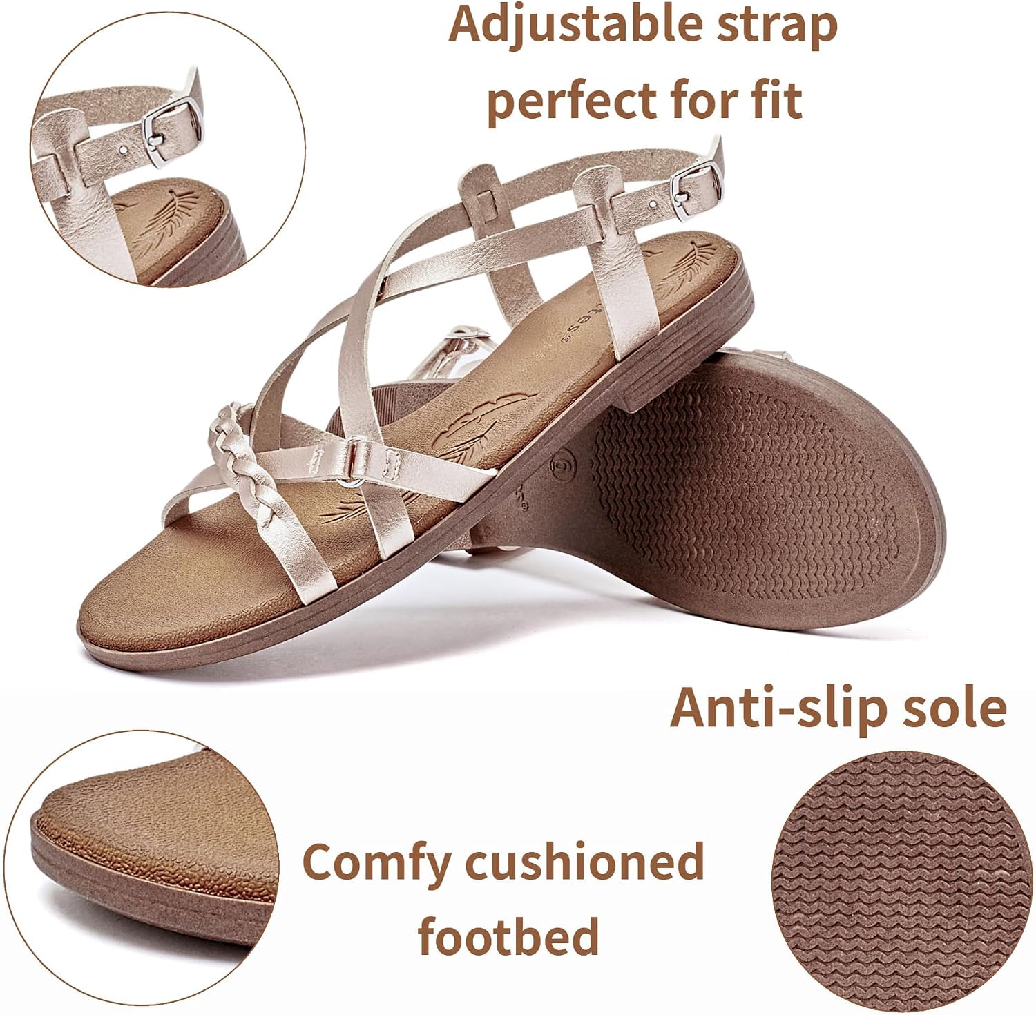 Detalle de Veittes Women's Casual Flat Slide Sandals with Fashion Braided Cross Straps and Adjustable Ankle Straps