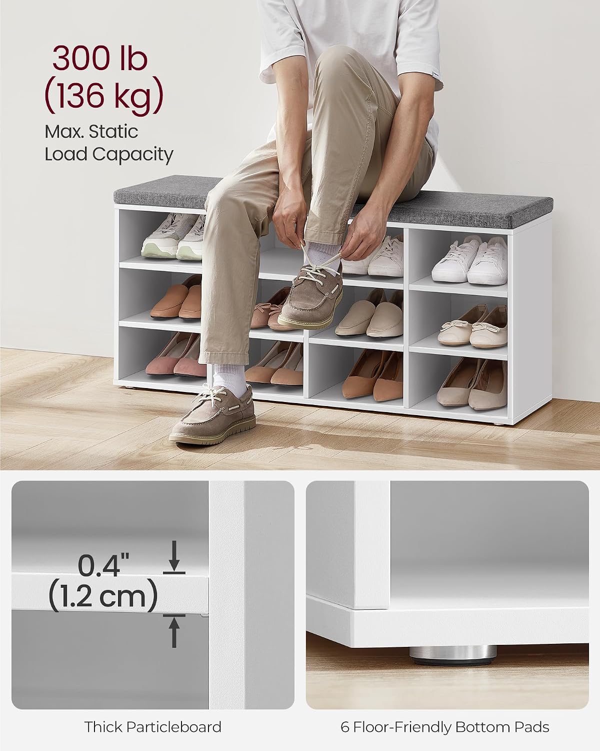 Detalle 1 de VASAGLE CUSTOS LHS012W14 Shoe Bench with Padded Seat, 12 Compartments