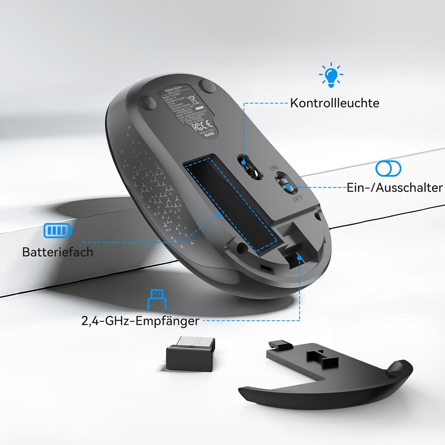 Thumbnail 6 de TECKNET Kabellose Maus „Leise Funkmaus 2,4 GHz“ mit USB-Empfänger (1600 DPI), grau
