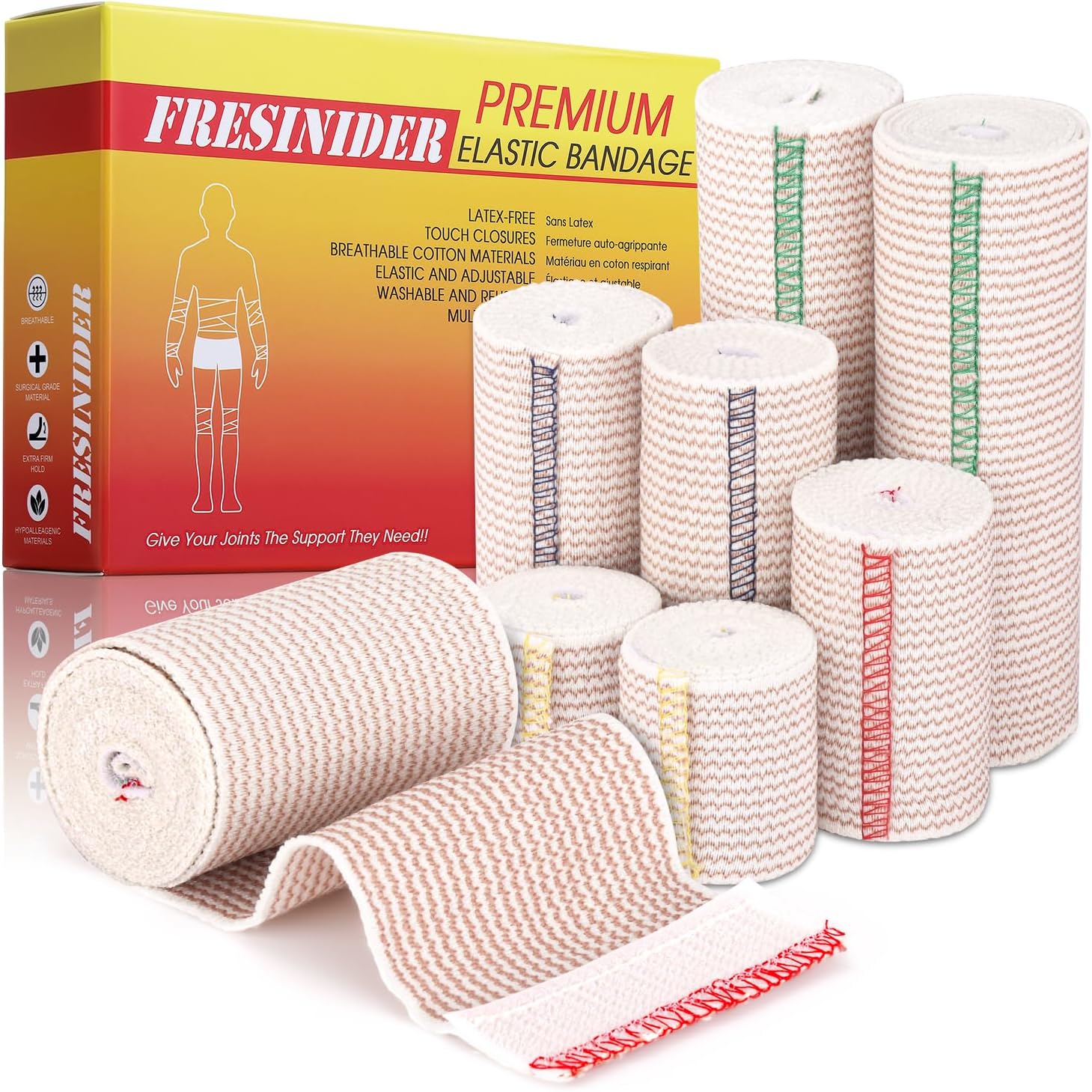 Detalle de FRESINIDER Elastic Bandage Wraps, 8-Pack Cotton Set with Hook-and-Loop Ends
