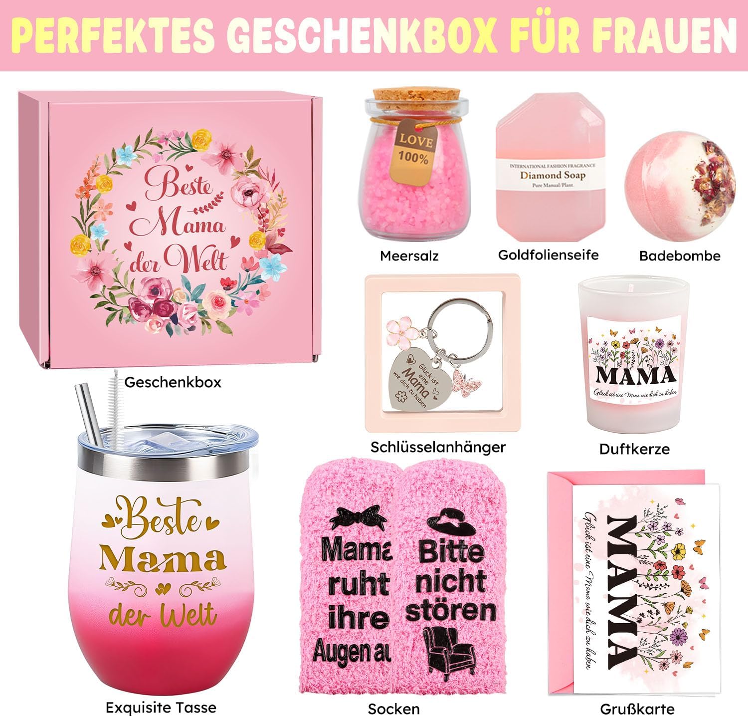 Thumbnail 6 de Giftota Muttertagsgeschenke Set – Wohlfühl-Box für Mama (Rosa) mit Kuschelsocken, Duftkerze und Wellness/Geschenkbox