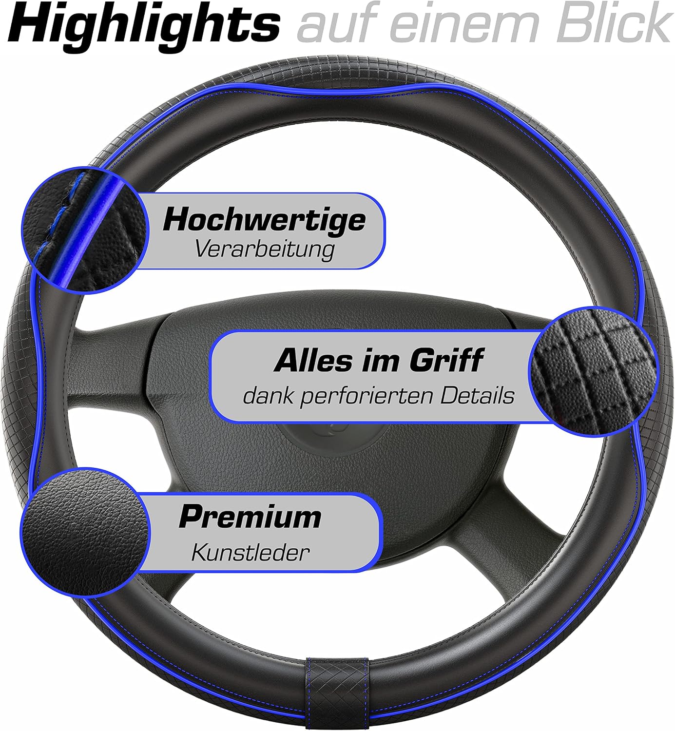 Detalle de Upgrade4cars Lenkradbezug Blau Schwarz (Leder-Optik) – universelle Lenkradhülle 37–38 cm