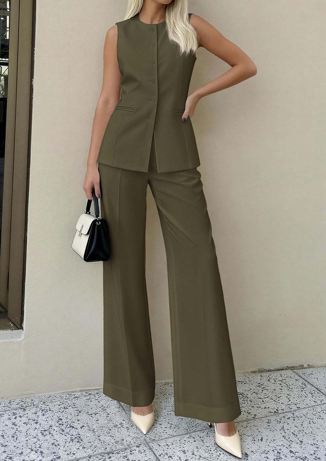 Detalle de PRETTYGARDEN Women's 2 Piece Sleeveless Blazer Vest & Pants Set