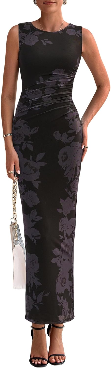 Thumbnail 6 de PRETTYGARDEN Womens Summer Wedding Guest Dress 2026 Mesh Sleeveless Bodycon Ruched Floral Maxi