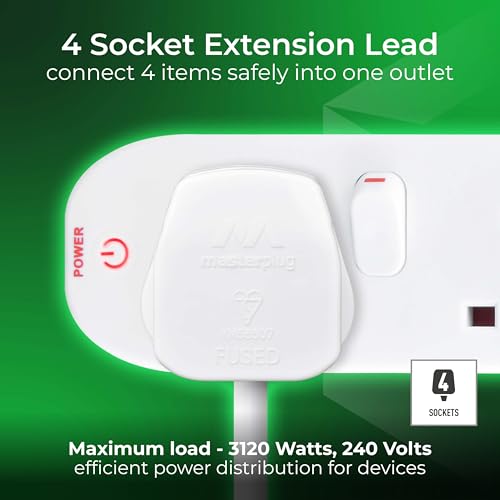 Detalle de Masterplug Four Socket Extension Lead, 2m Cable, 4-Gang with Individual Switches (SWC4210N)