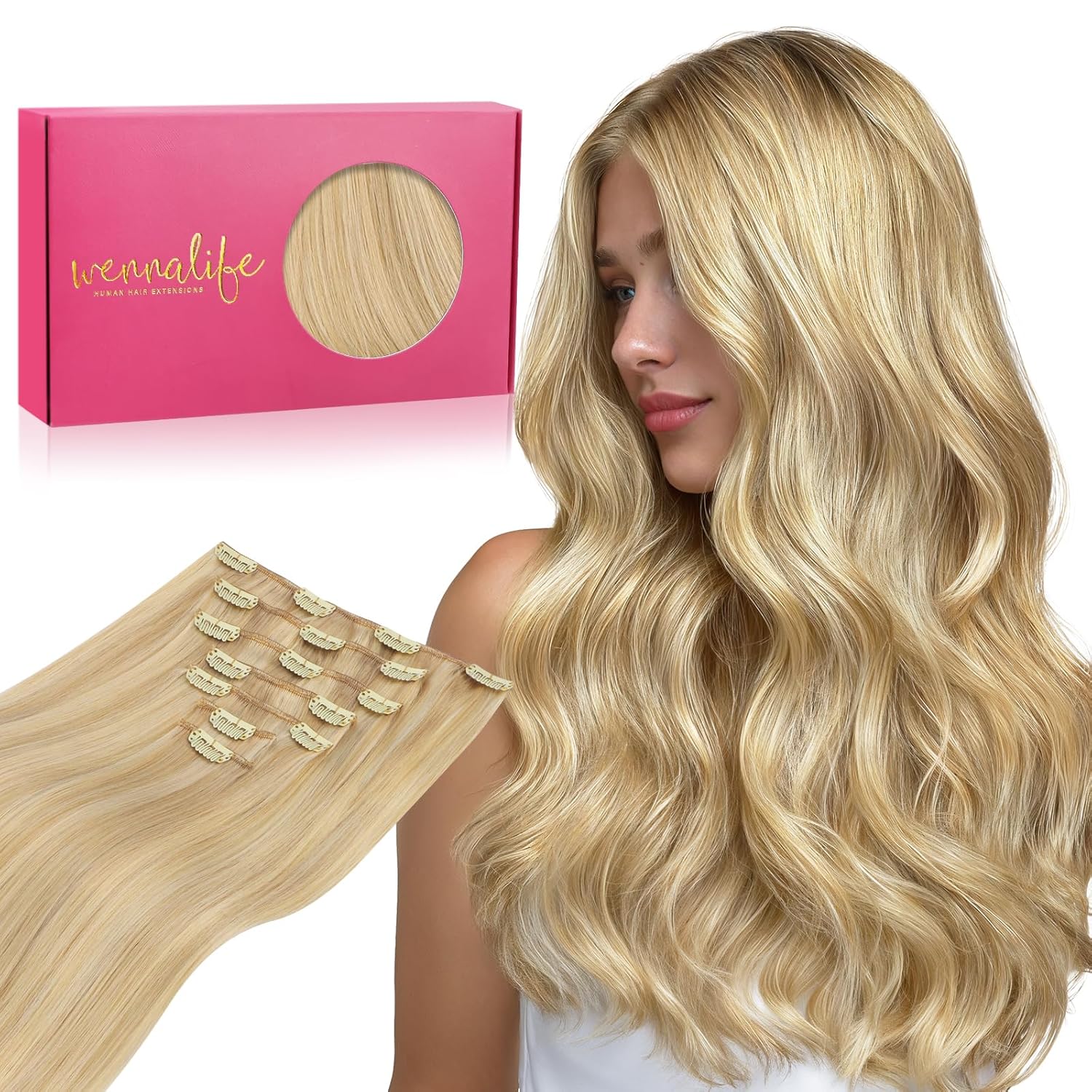 Detalle de WENNALIFE Clip-in Echthaar Extensions, 35 cm, Hellblond Highlights Goldblond – 7 Teile, 120 g