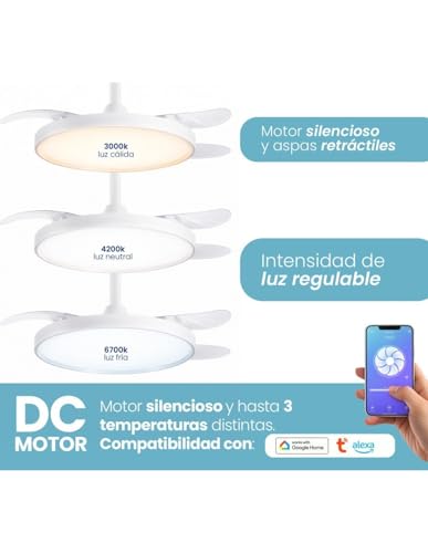 Detalle 2 de JARDIN202 Zahara Wifi Blanco: Ventilador de Techo con Aspas Retráctiles, Luz LED Regulable y Control Remoto