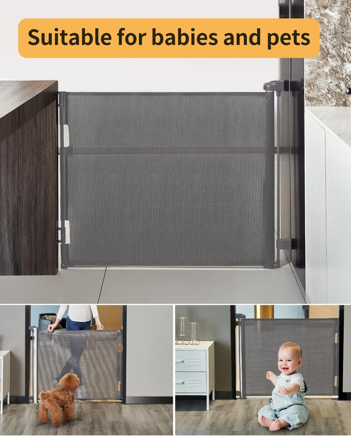 Thumbnail 5 de Retractable Mesh Safety Baby or Dog Gate (86cm Tall) – Expands up to 180cm, Grey