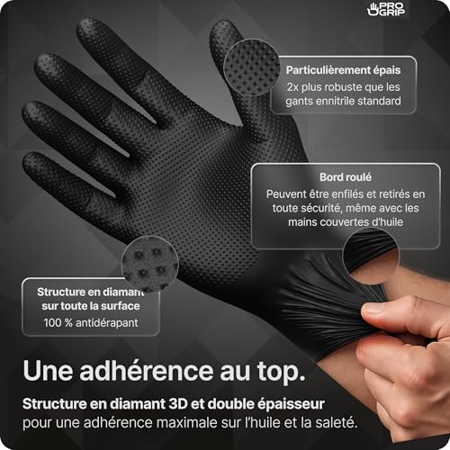 Detalle de ARNOMED 50x ProGrip Gants nitrile Diamond Noir XL – double épaisseur, texture diamantée