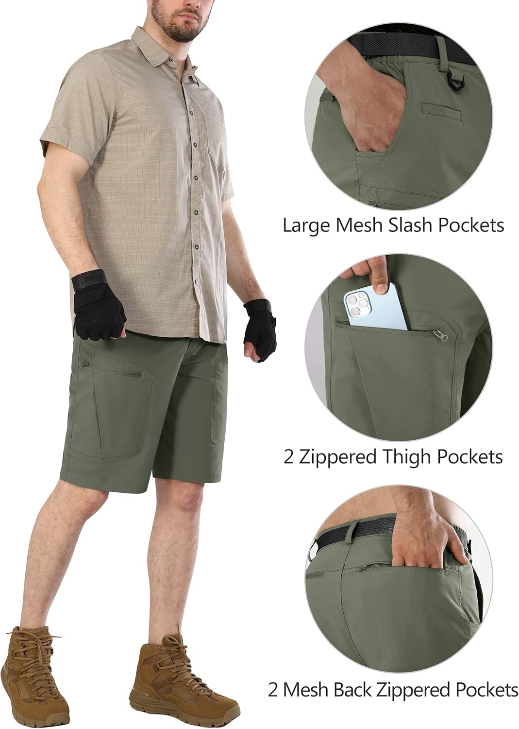 Detalle de Shallowlulu Men's Cargo Hiking Shorts: Water-Resistant, Quick-Dry, Lightweight with Nylon Belt