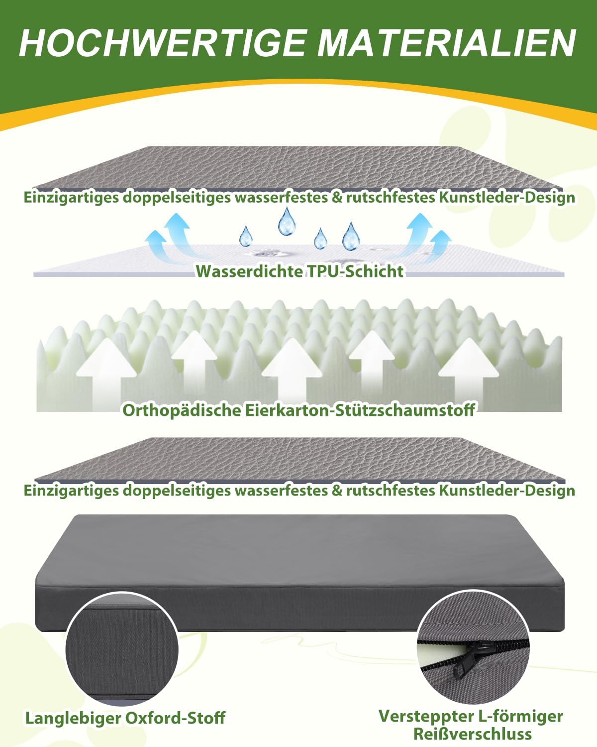 Thumbnail 2 de Favodormir orthopädisches Hundebett für große Hunde (104 x 68 cm) mit abnehmbarer, wasserabweisender Kunstleder-Hülle – grau