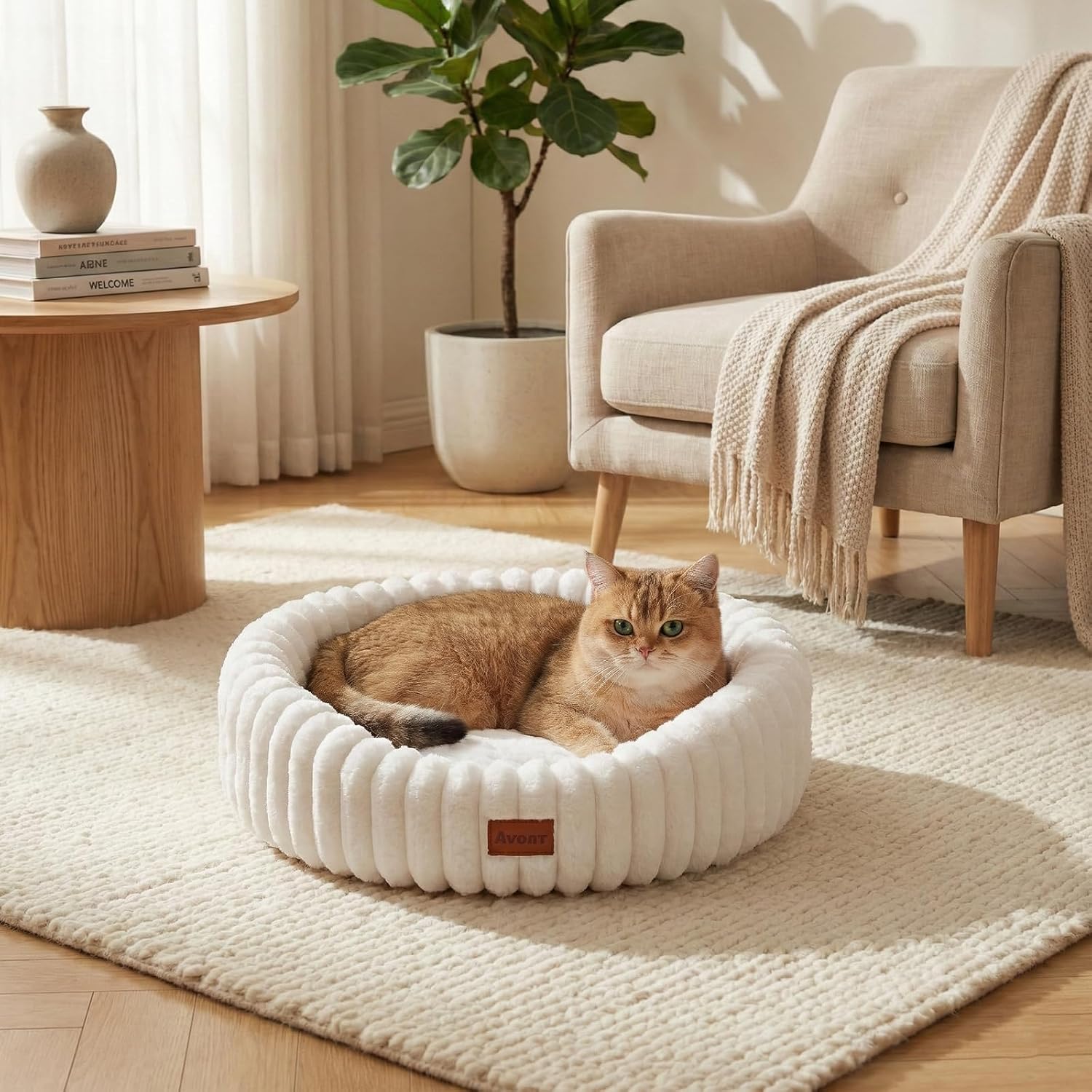 Detalle 2 de Avont Cat Bed for Indoor Cats – Fluffy Washable, Raised Rim and Non-Slip Base (S/M, Cream/Gray/Brown/Pink)