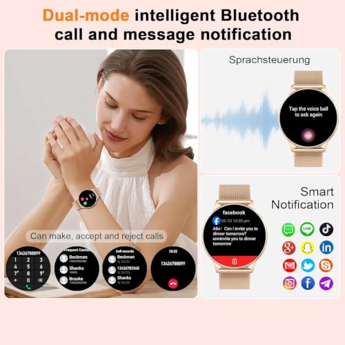 Detalle de Jugeman Montre Connectée Femme 1,33" – Montre Intelligente dorée, appels Bluetooth et suivi santé