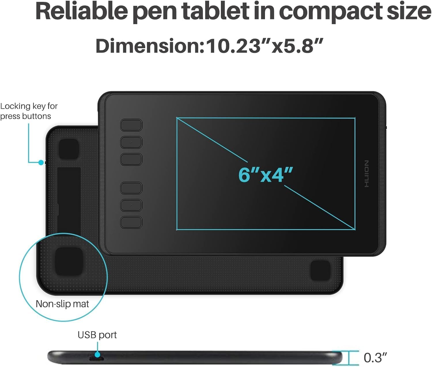 Detalle de Huion Inspiroy H640P drawing tablet with battery-free PW100 stylus for Windows, Mac, Linux, Android