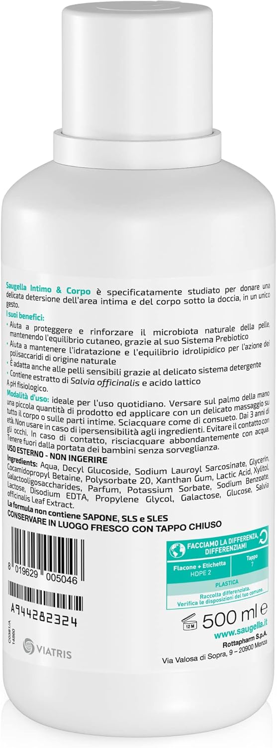 Thumbnail 1 de Saugella Detergente Intimo e Corpo 2in1 Bagnoshiuma Delicato con Sistema Prebiotico, Salvia e Acido Lattico da 500 ml