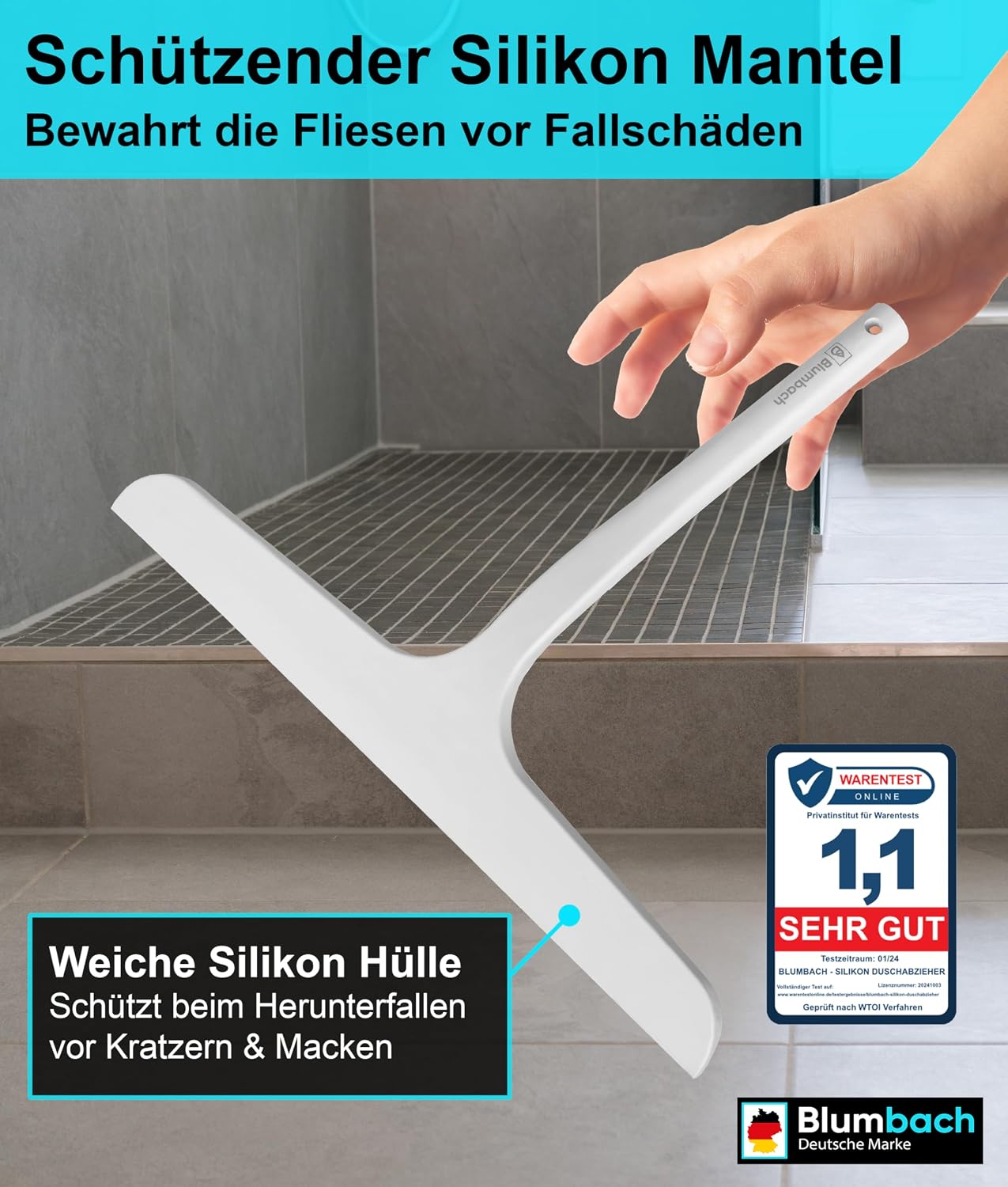 Detalle 2 de BLUMBACH Abzieher für Dusche mit Halterung – Duschabzieher aus Silikon und Edelstahl, 28 cm breit (weiß)