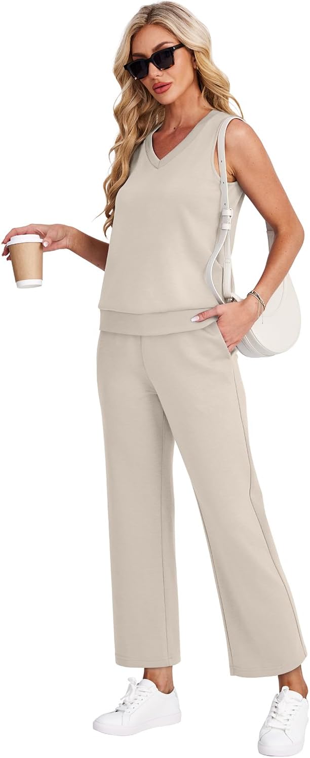 Detalle 2 de WIHOLL Two Piece Set for Women: Summer Lounge Set with V-Neck Top and Wide-Leg Pants