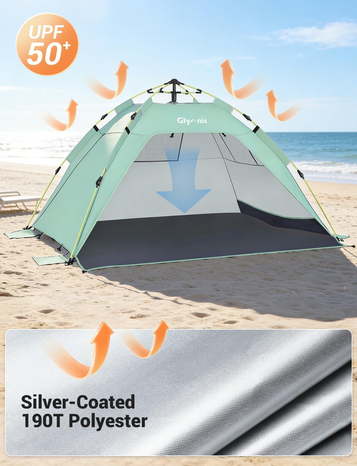 Thumbnail 2 de Glymnis Strandmuschel Quick Up Strandzelt – 3 bis 4 Personen, UV-Schutz 50+, automatischer Aufbau
