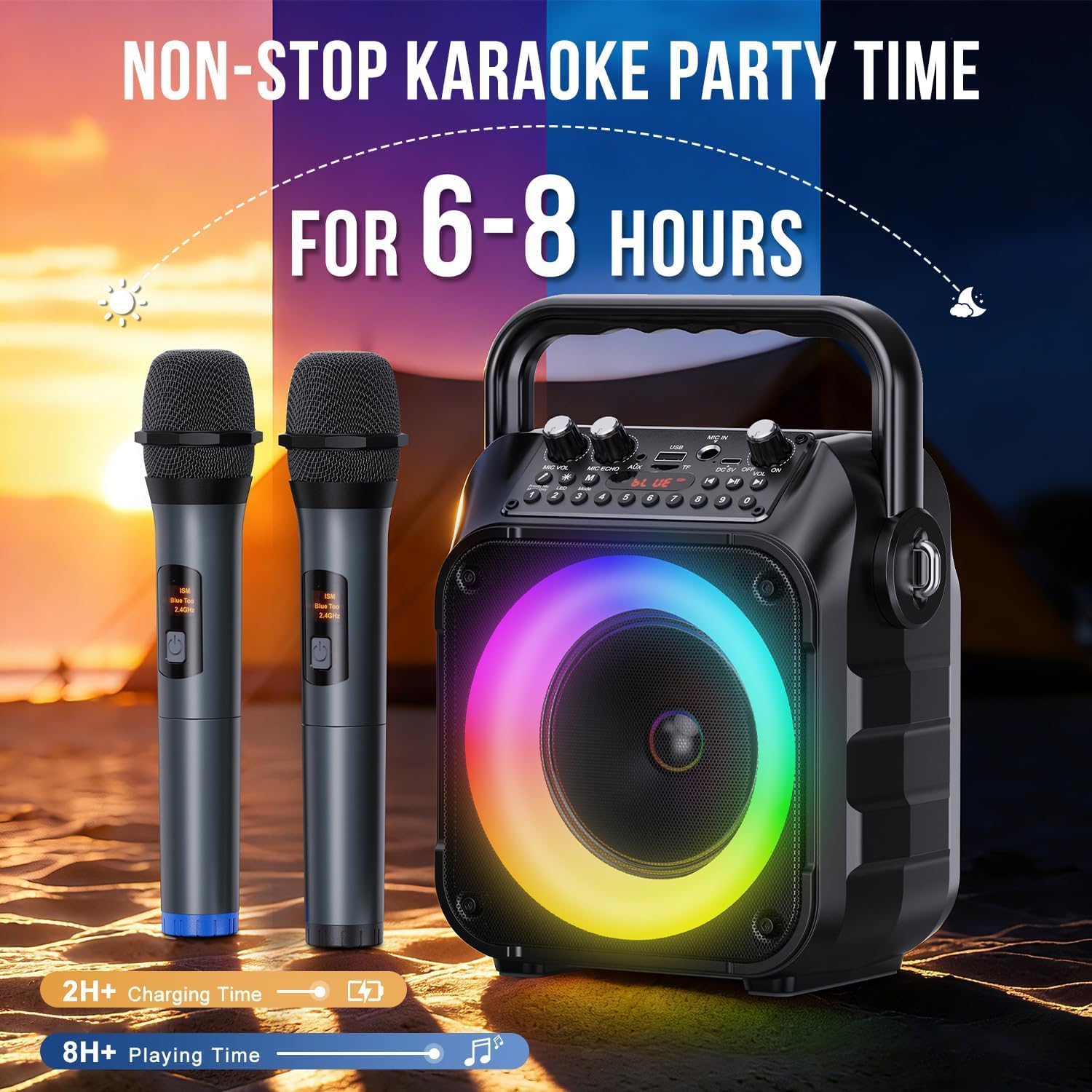 Detalle 1 de voijump K303-N Portable Karaoke Machine with Bluetooth, LED Lights and 2 Wireless Microphones