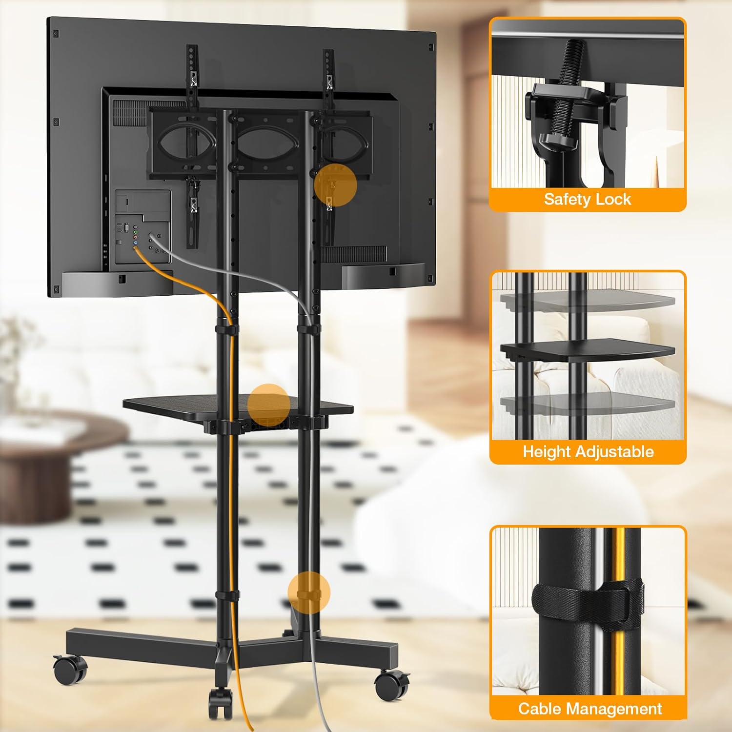 Thumbnail 5 de Support TV sur pied TVON avec roulettes et étagère (32 à 75 pouces, jusqu’à 40 kg, VESA 400x400)