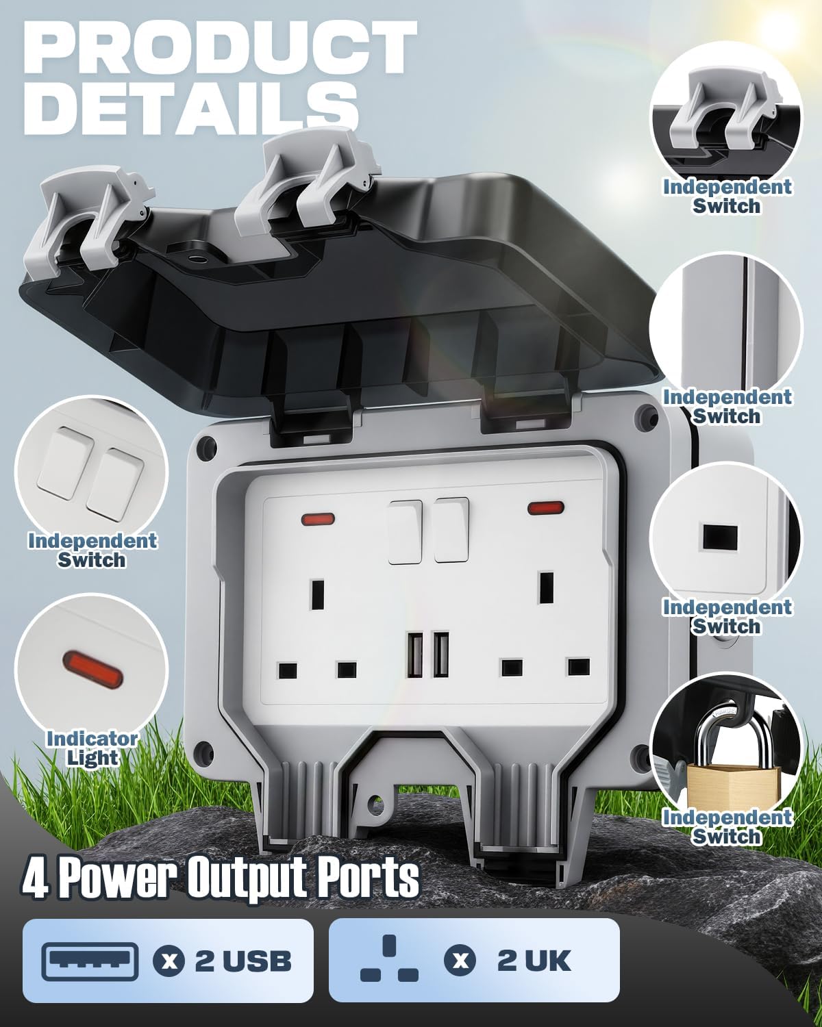 Detalle de Outdoor Plug Sockets Waterproof 15m Extension Lead with 2 USB Ports (IP66, wall-mounted with switch & LED)