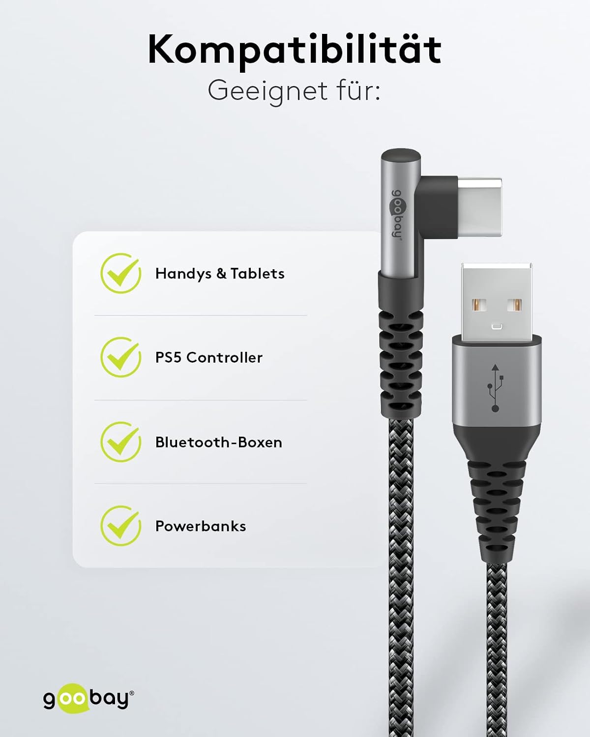 Detalle de Goobay 64656 kabel USB-A–USB-C 90°, 60 W, 1 m, pleciony