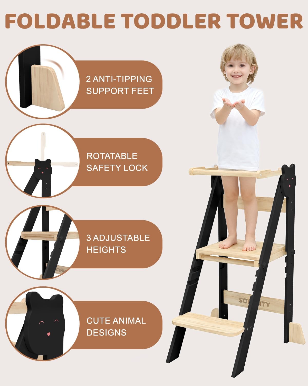 Thumbnail 3 de SOINMTY WJ03003-BK Foldable Toddler Tower, Black, 3 Adjustable Heights